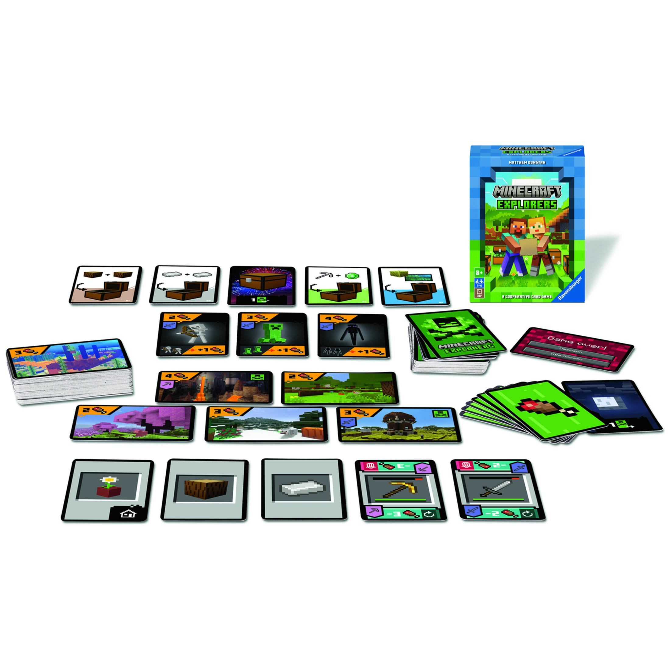 Cartes de jeu Minecraft Explorers et boîte sur le thème Minecraft.