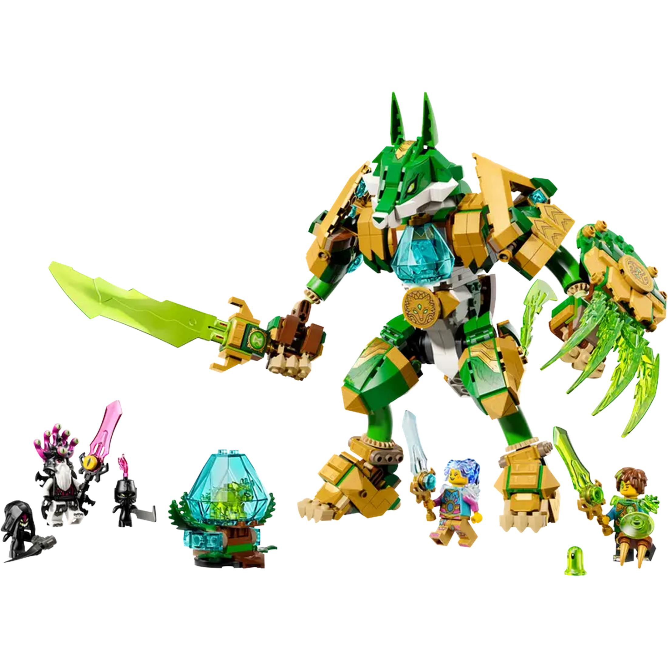 Altın vurgulu yeşil kurt mech, minifigürler ve ağaç ev yanında.