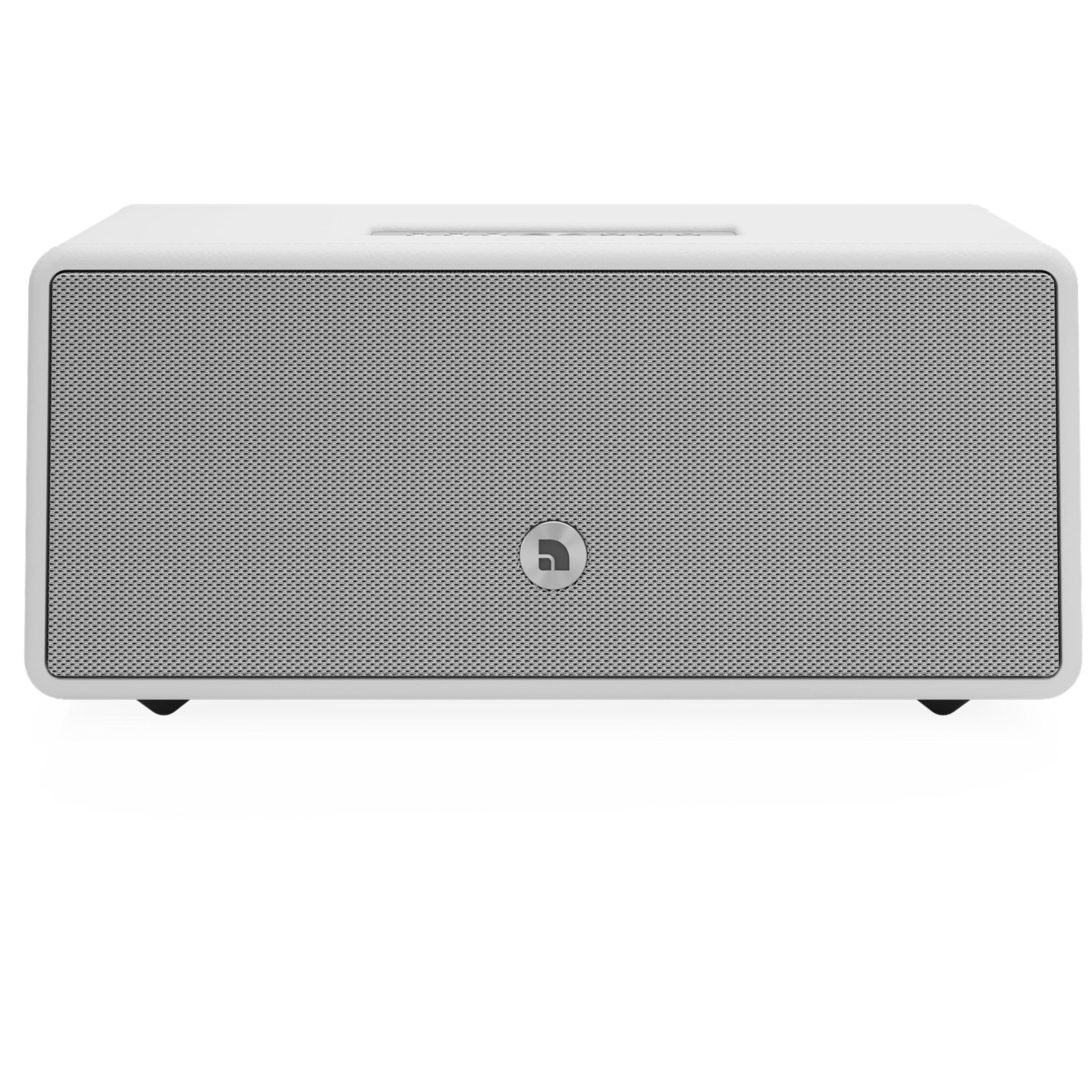A white speaker with a gray grill and a logo in the center.