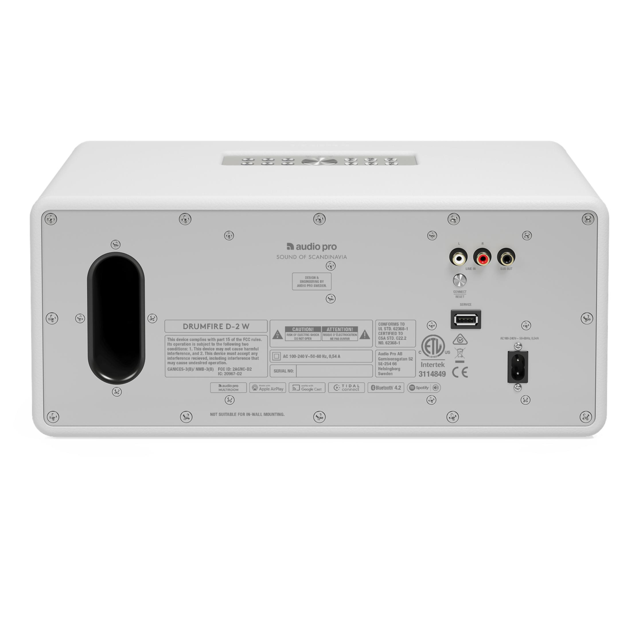 Back of a white speaker showing ports, warnings, and product information labels.