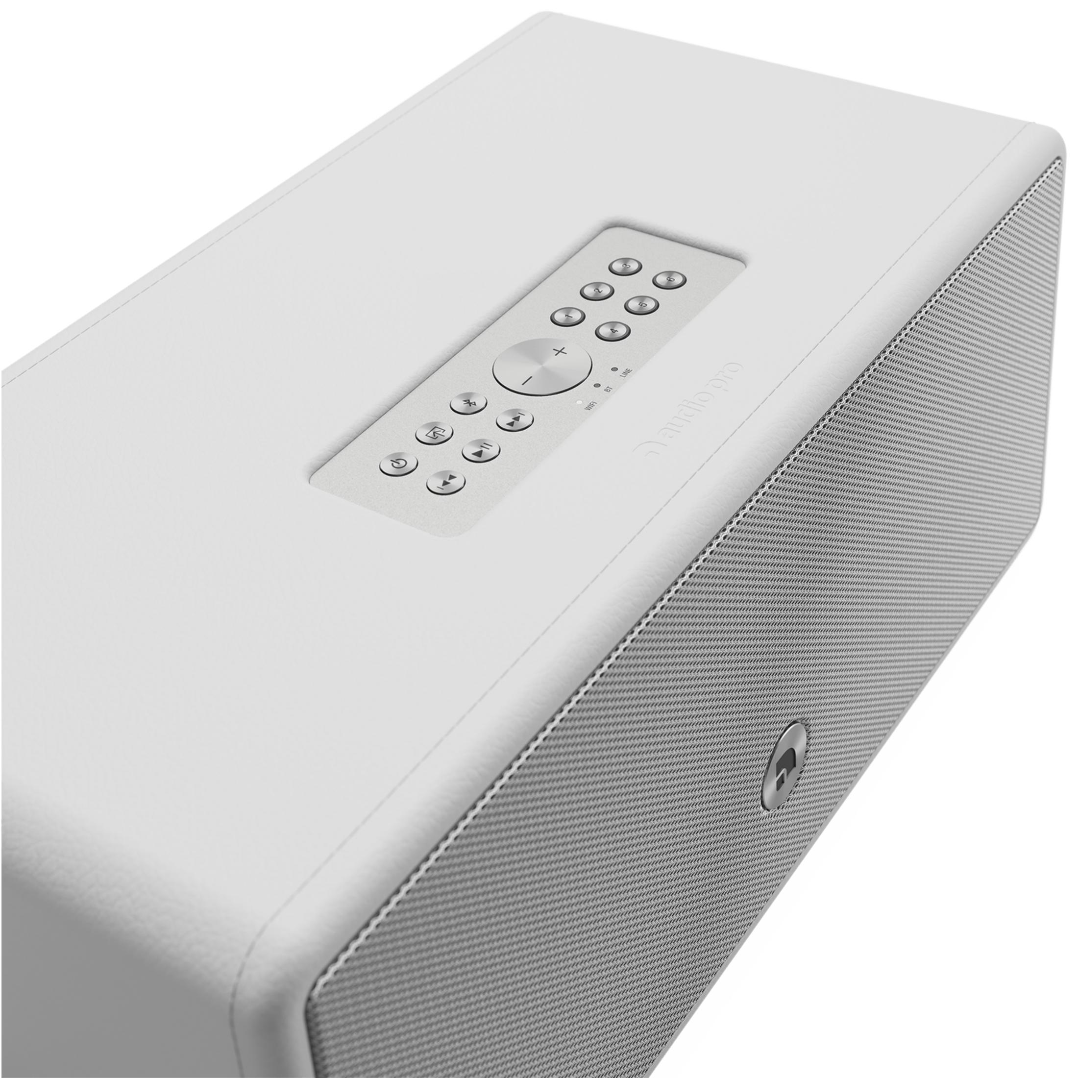 White speaker with remote control and silver grille.