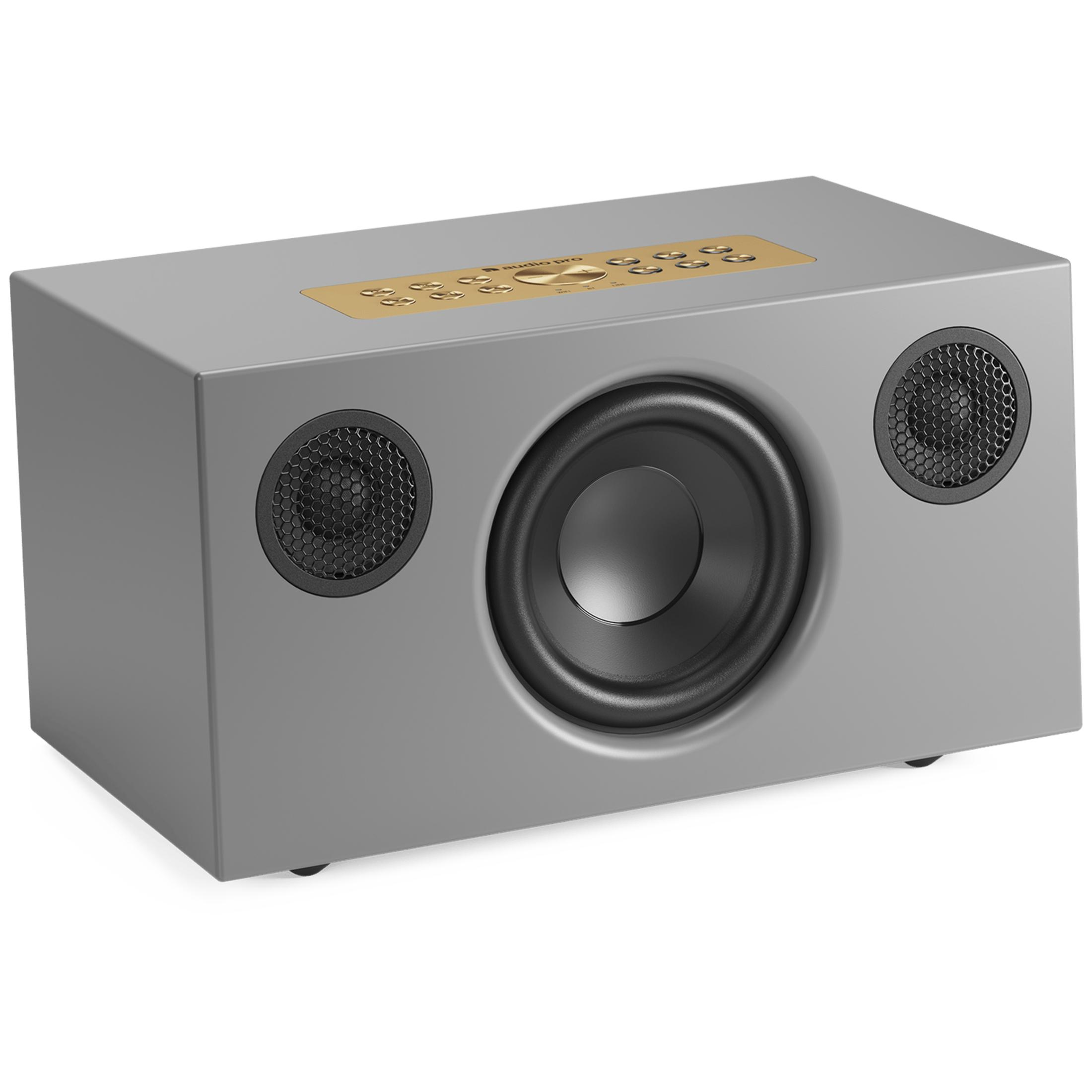 Grauer Lautsprecher mit zentralem Subwoofer und zwei Hochtönern.