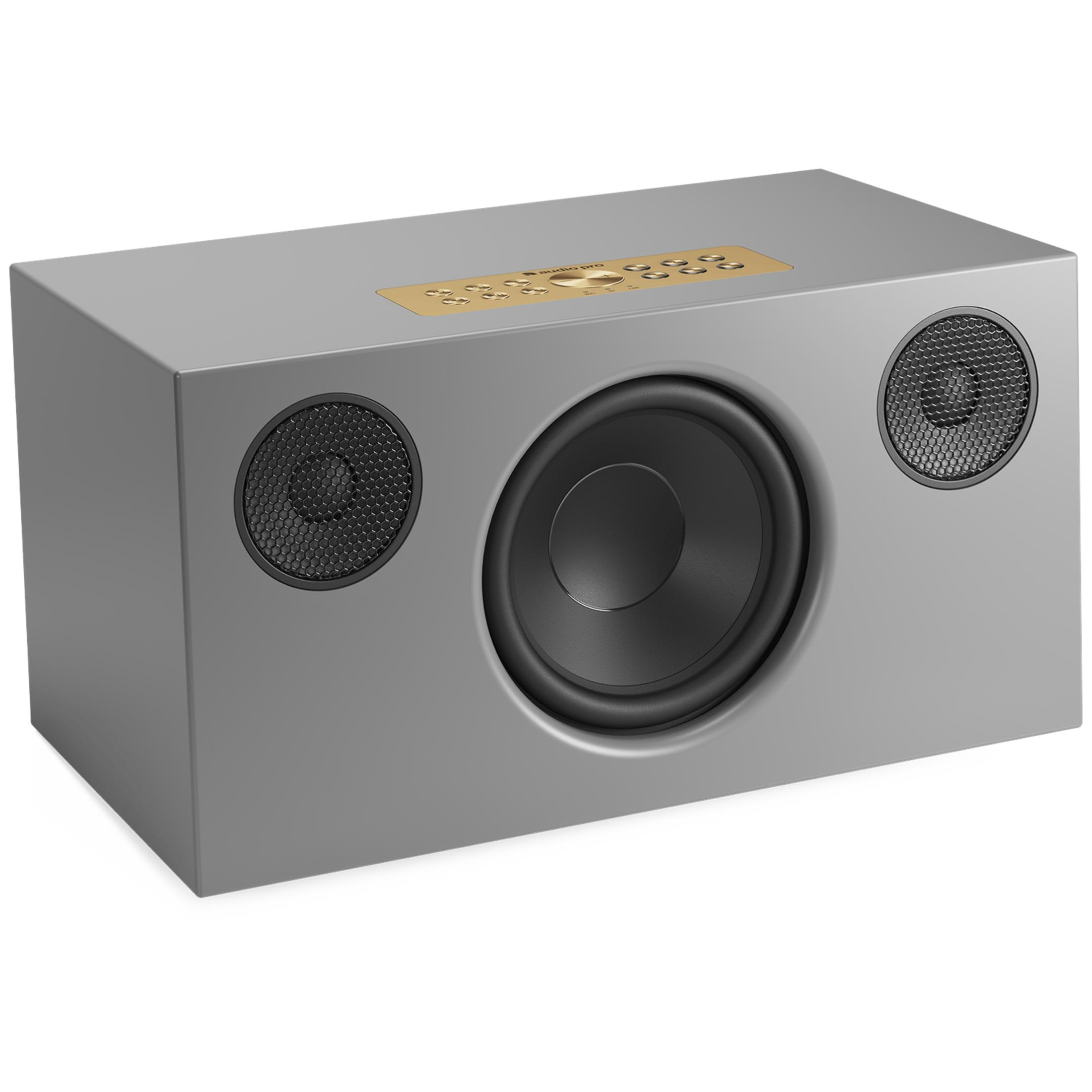 Grauer Lautsprecher mit großem Subwoofer, zwei kleineren Treibern und goldener Bedienblende.