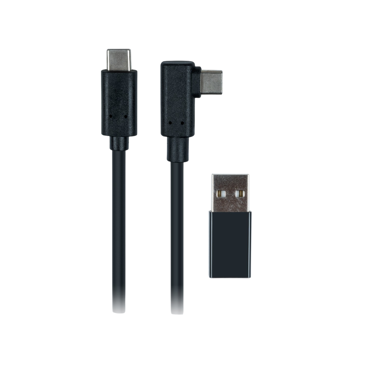 Dos cables USB-C negros, uno recto, uno en ángulo, y un adaptador USB-A.