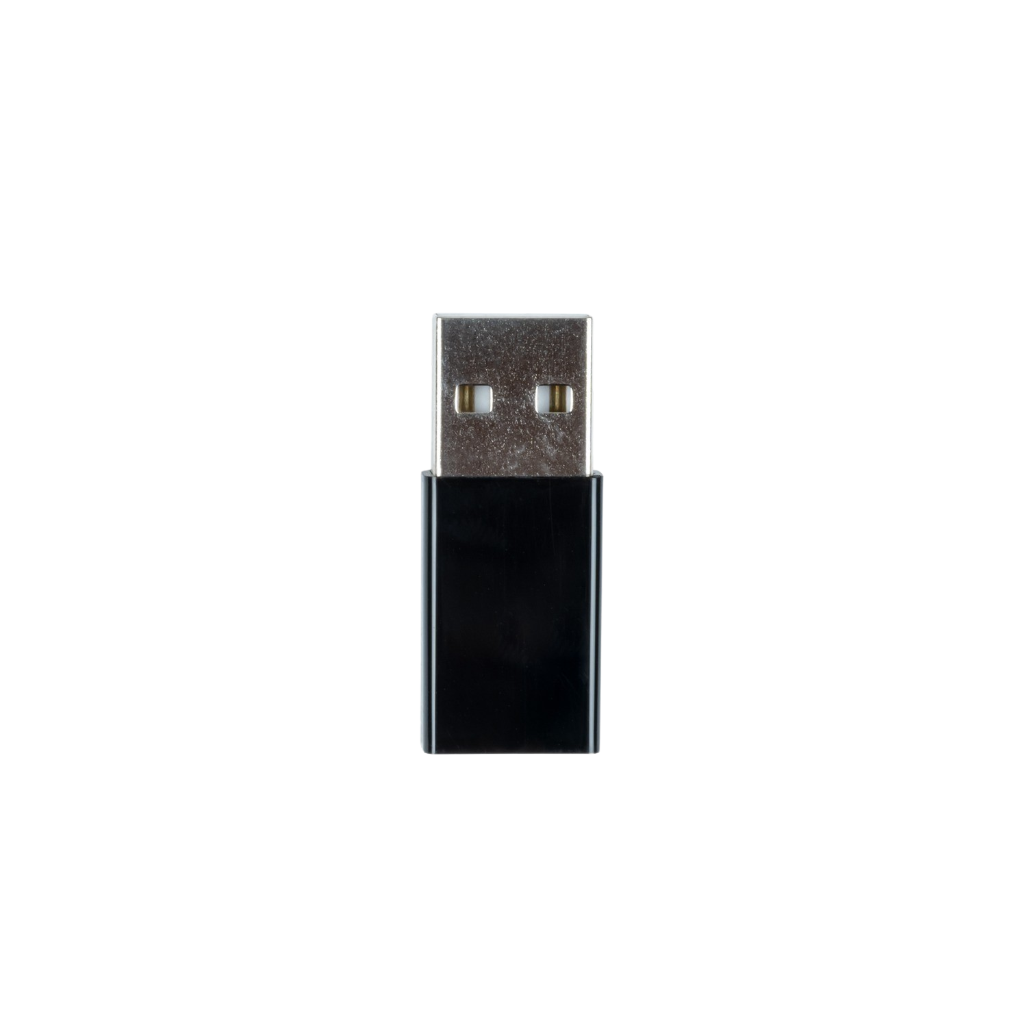 Una memoria USB negra con conector plateado sobre fondo negro.