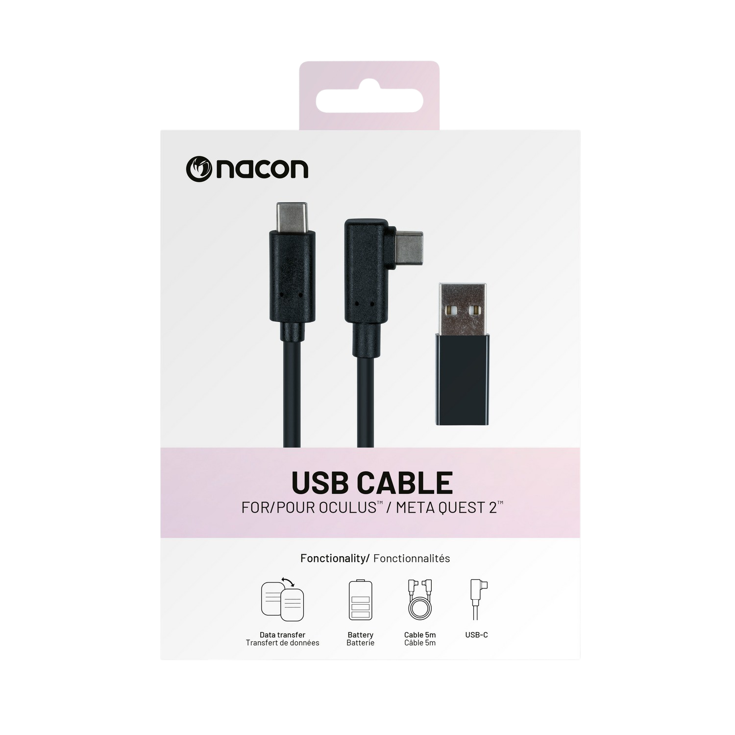 Cable USB Nacon para Oculus/Meta Quest 2, con conectores USB-C y USB-A.