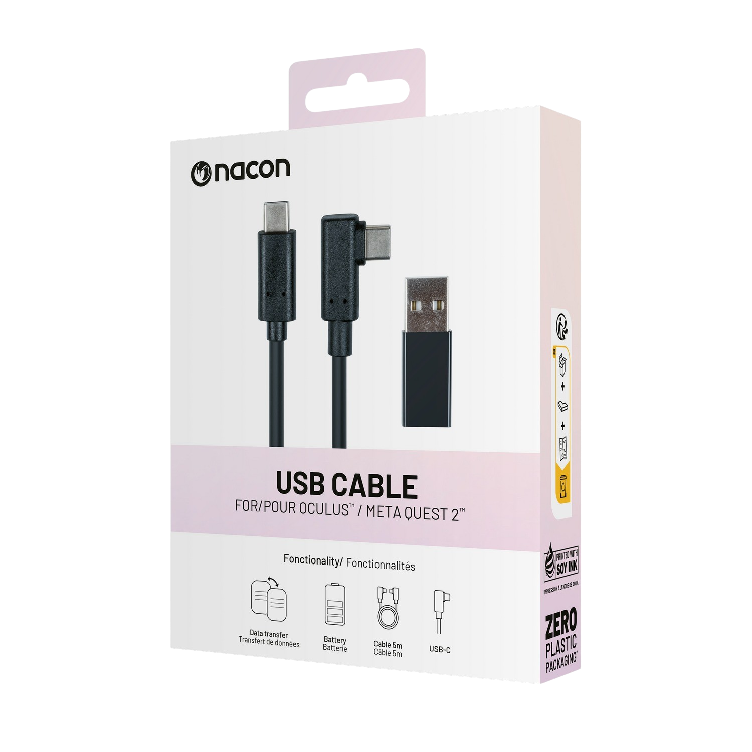 Embalaje de cable USB-C Nacon para Meta Quest 2, con iconos de transferencia de datos y batería.