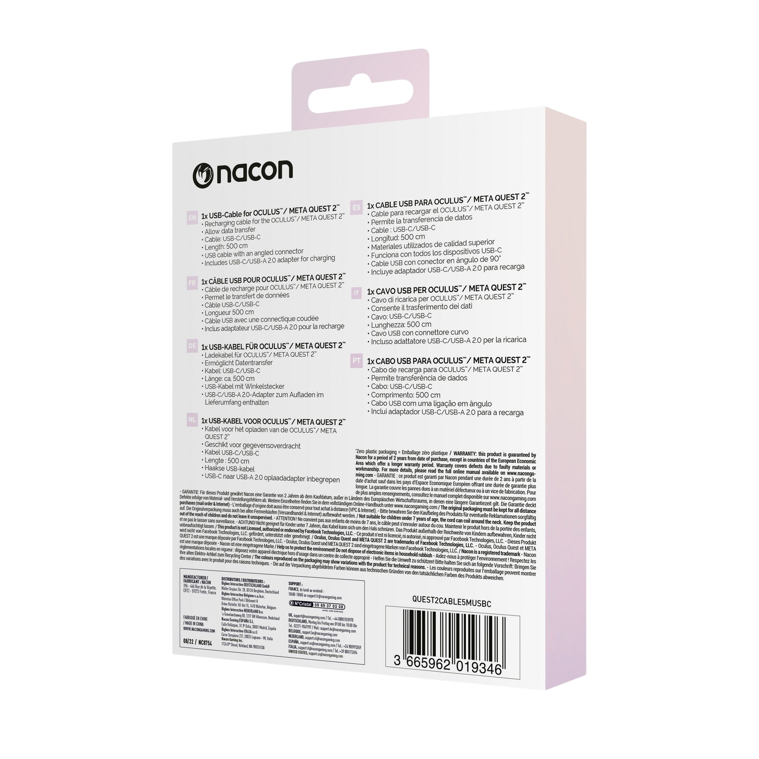 Cable Nacon USB-C a USB-C para Meta Quest 2, 500cm, conector angular.