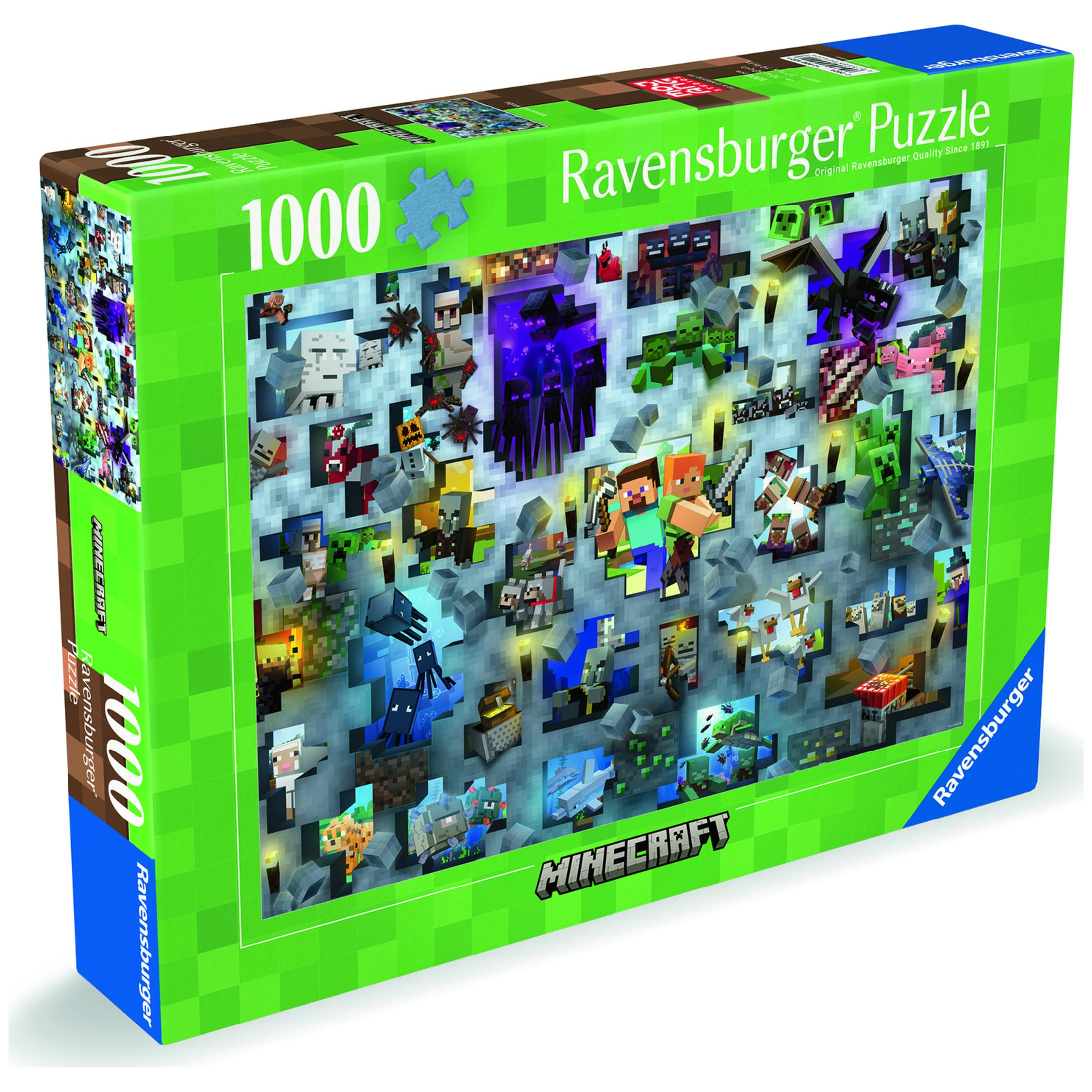 Pudełko puzzli Ravensburger 1000 elementów Minecraft z postaciami i scenami z gry.