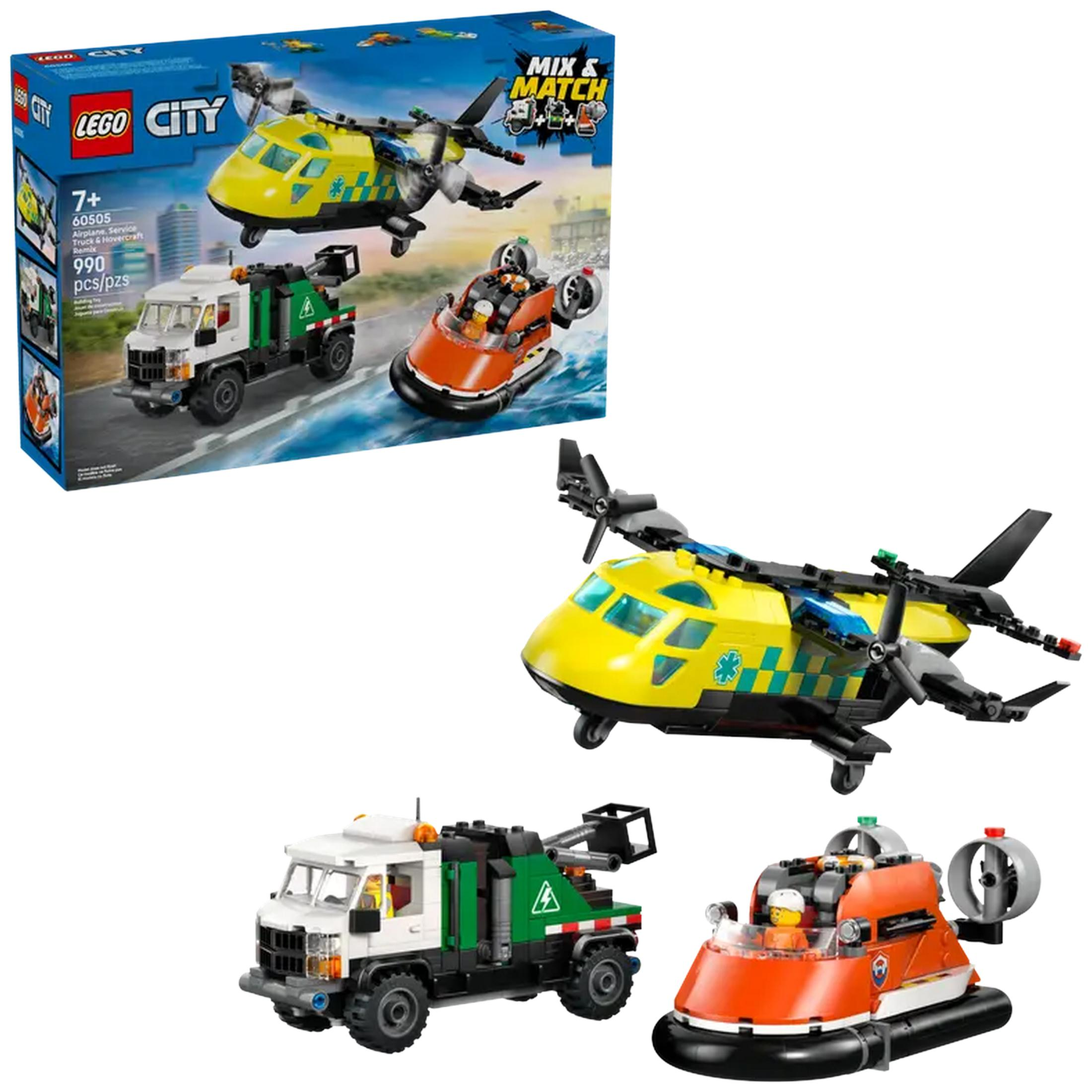 Zabawki Lego: żółty helikopter ratunkowy, zielona ciężarówka serwisowa i pomarańczowy poduszkowiec.