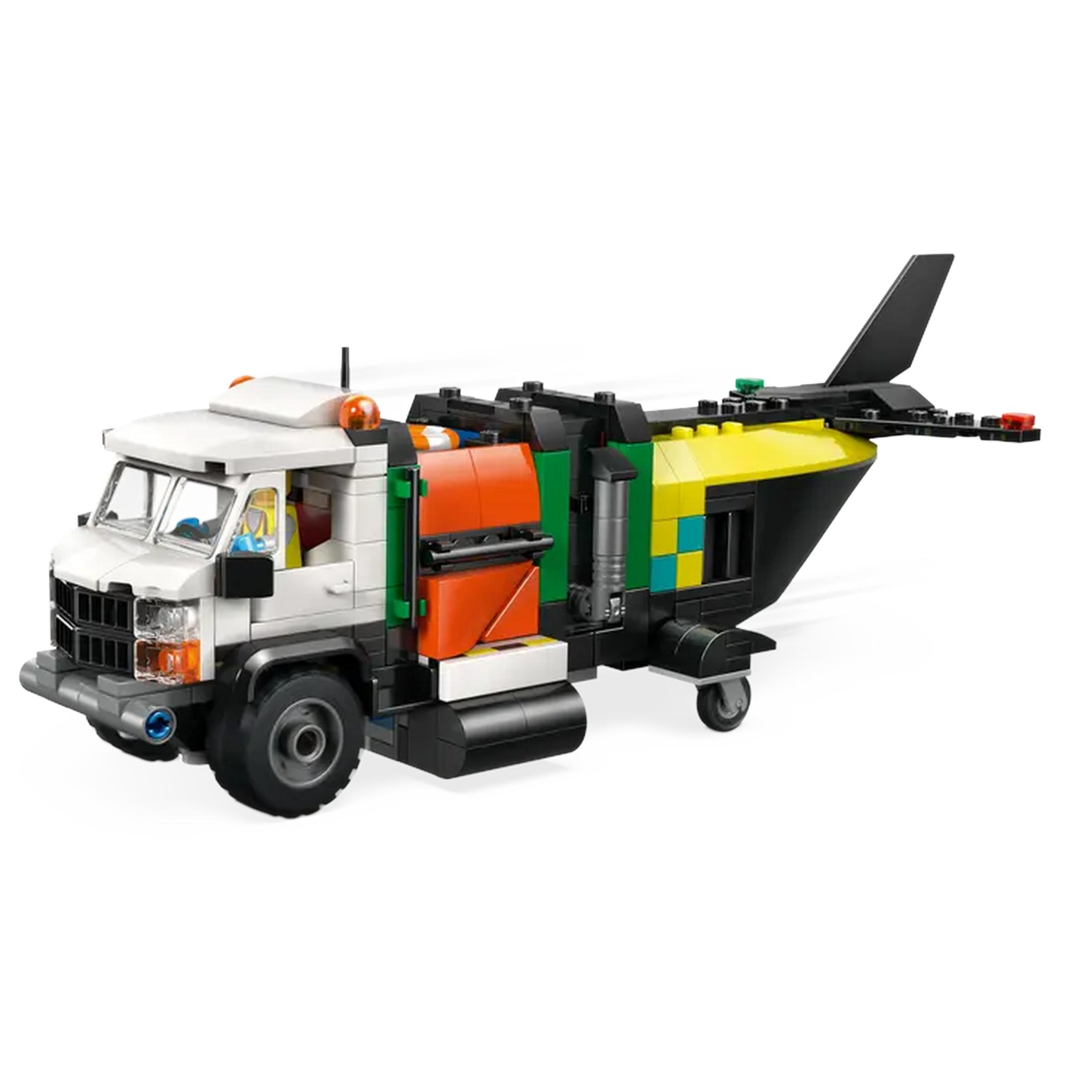 Zabawkowy samochód ciężarowy LEGO z wirnikami helikoptera i statecznikiem.