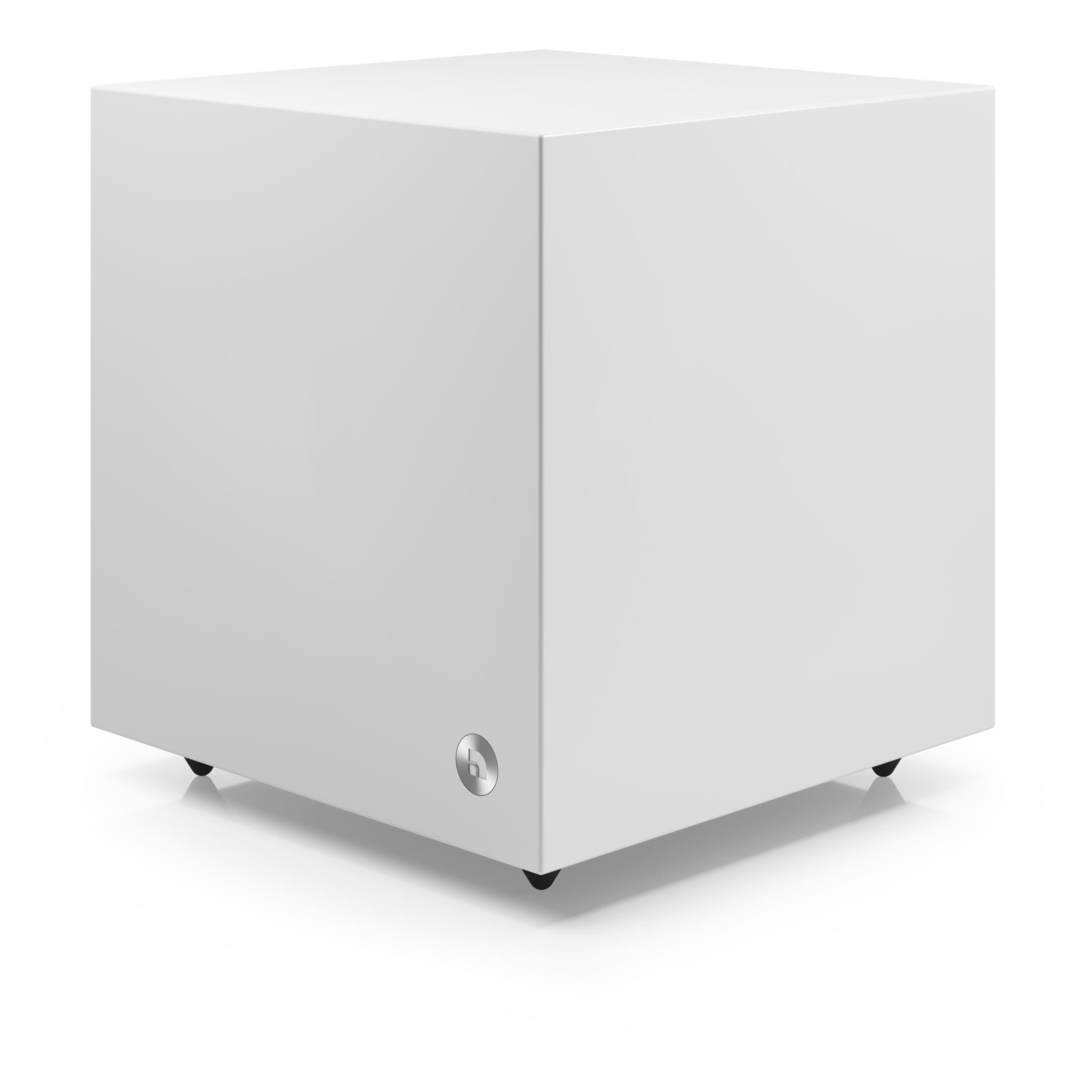 A white cube with a silver logo on the left side, on small black wheels.