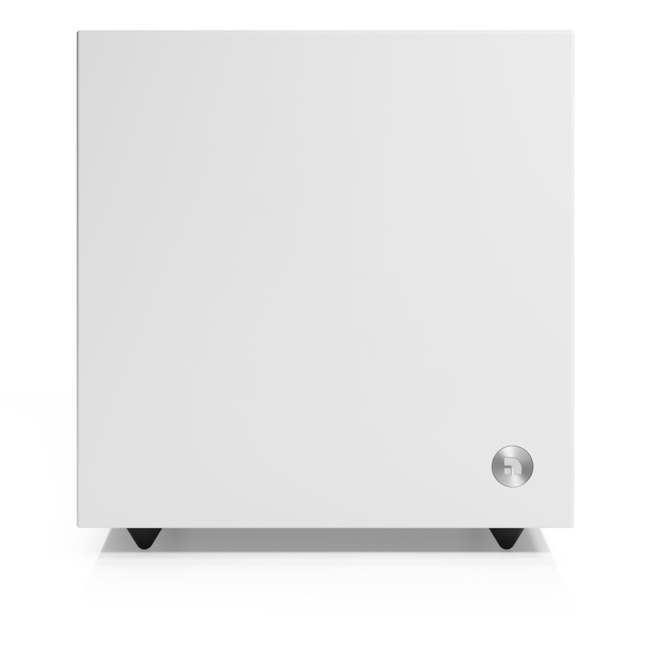 A white cube with a silver logo and black feet.
