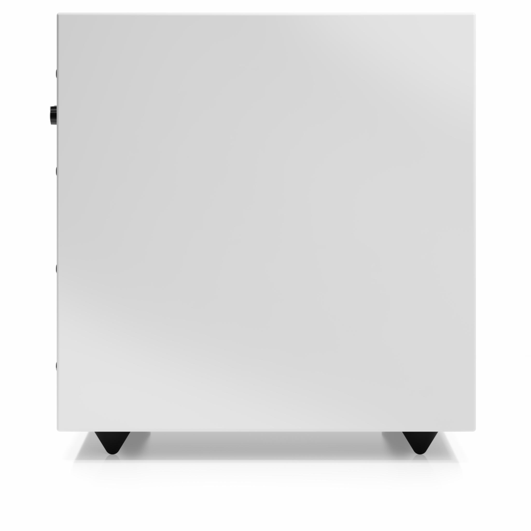 A white casing with black feet and a knob on the left side.