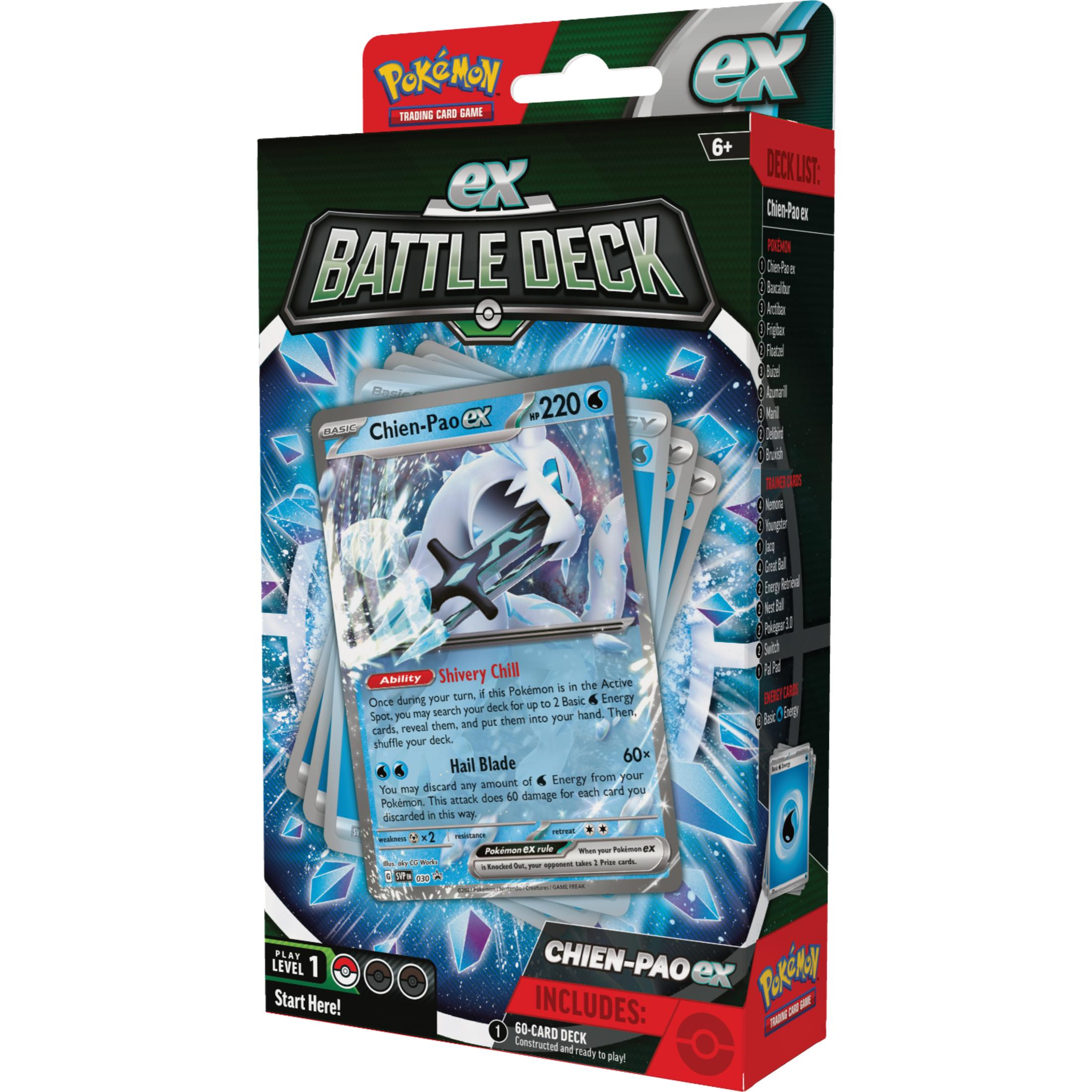 Mazo de Batalla Pokémon TCG Chien-Pao ex con carta Pokémon y mazo de 60 cartas.