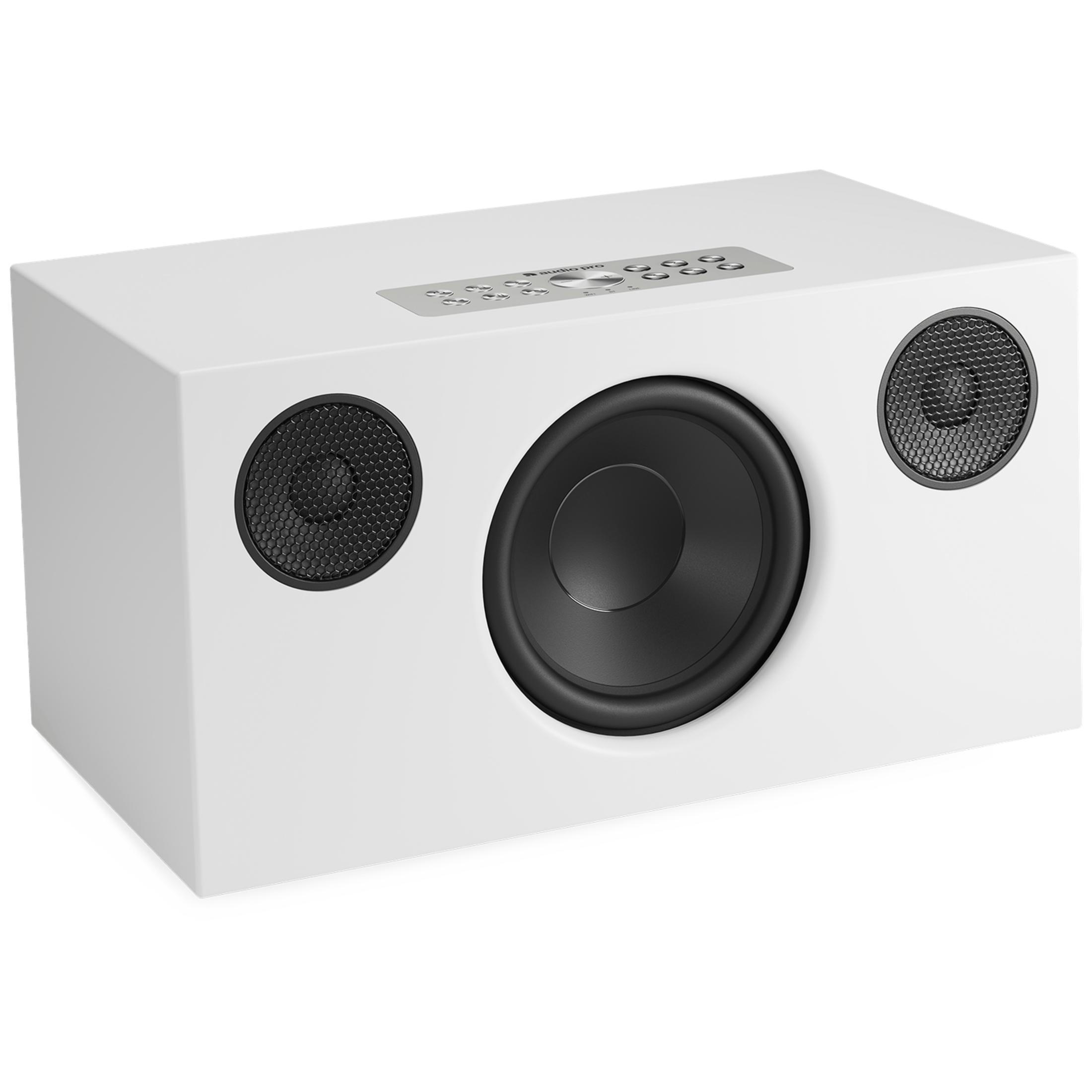 Ein weißer Lautsprecher mit einem großen Subwoofer in der Mitte und zwei kleineren Lautsprechern.