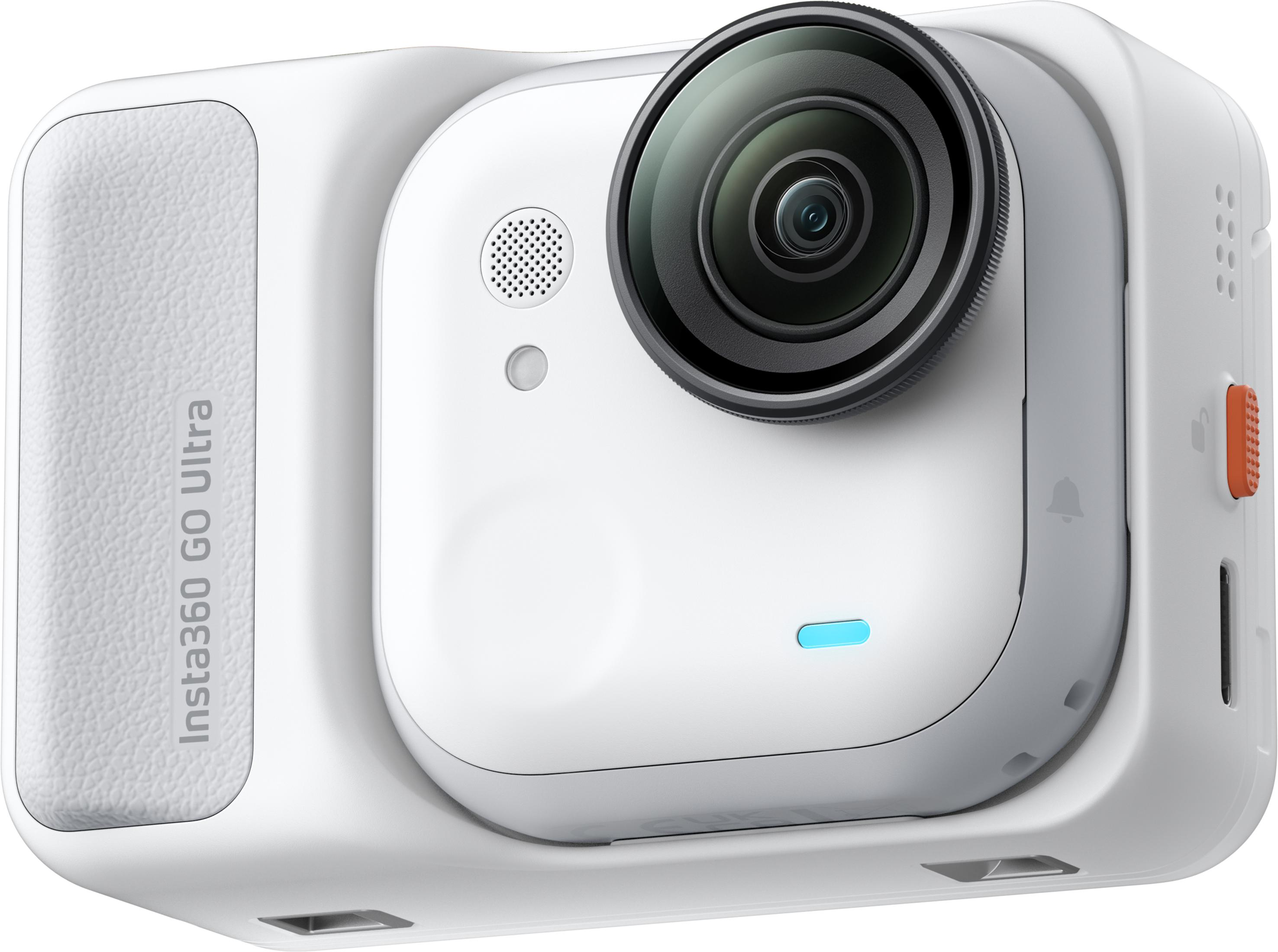 Eine weiße Insta360 GO Ultra Kamera mit einem Objektiv und einem blauen Licht.
