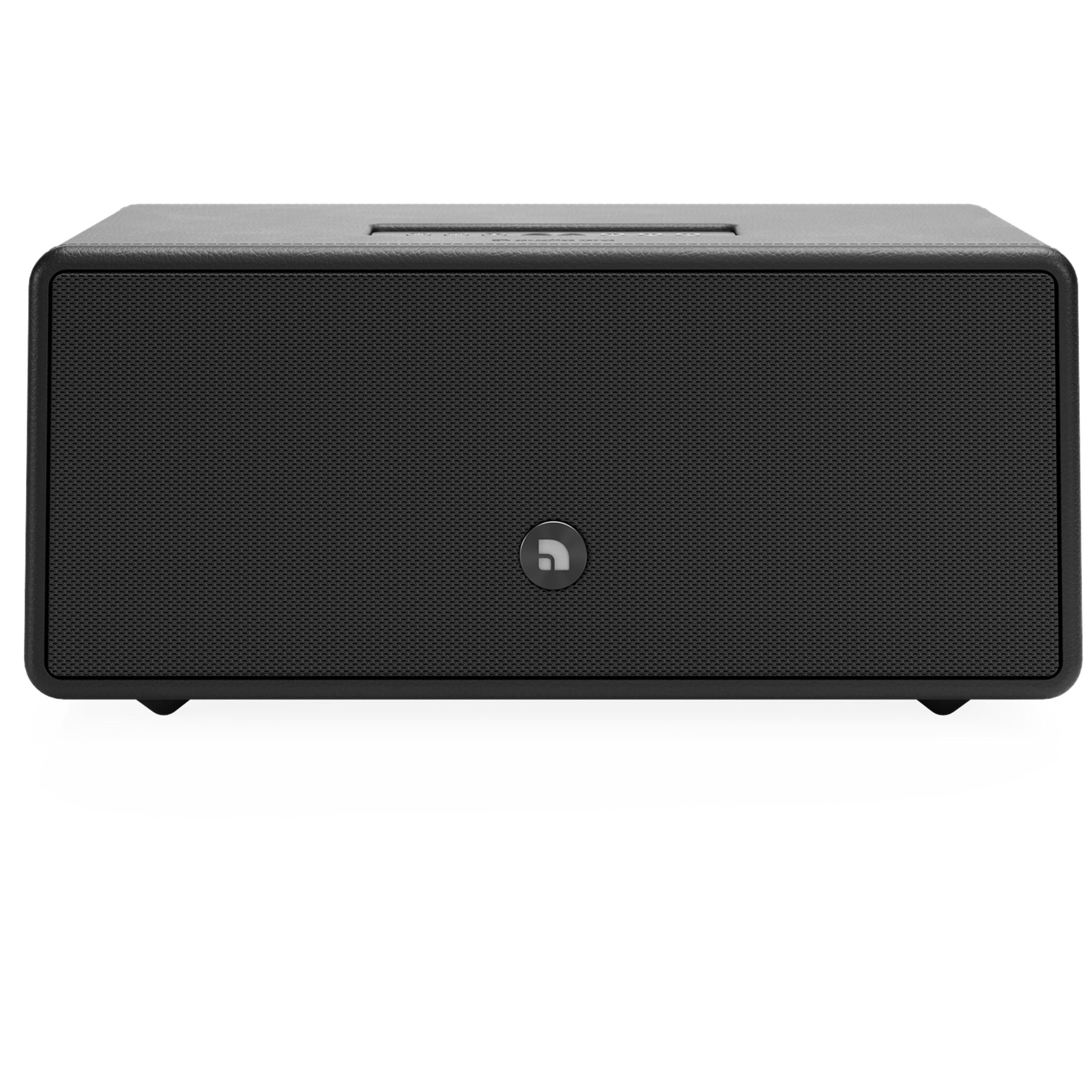 Black speaker with a grille and logo on the front.