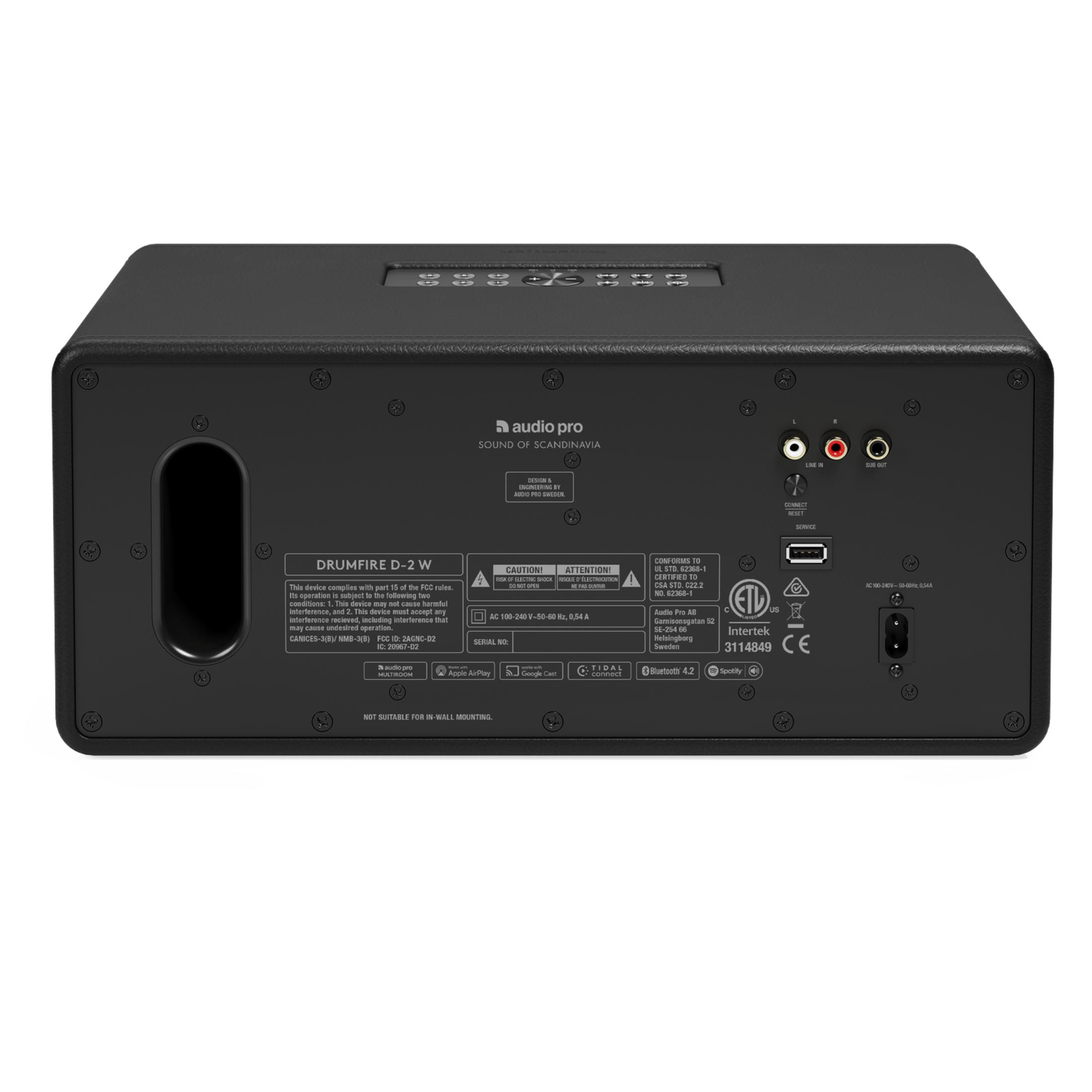 Back of a black speaker with ports and labels.
