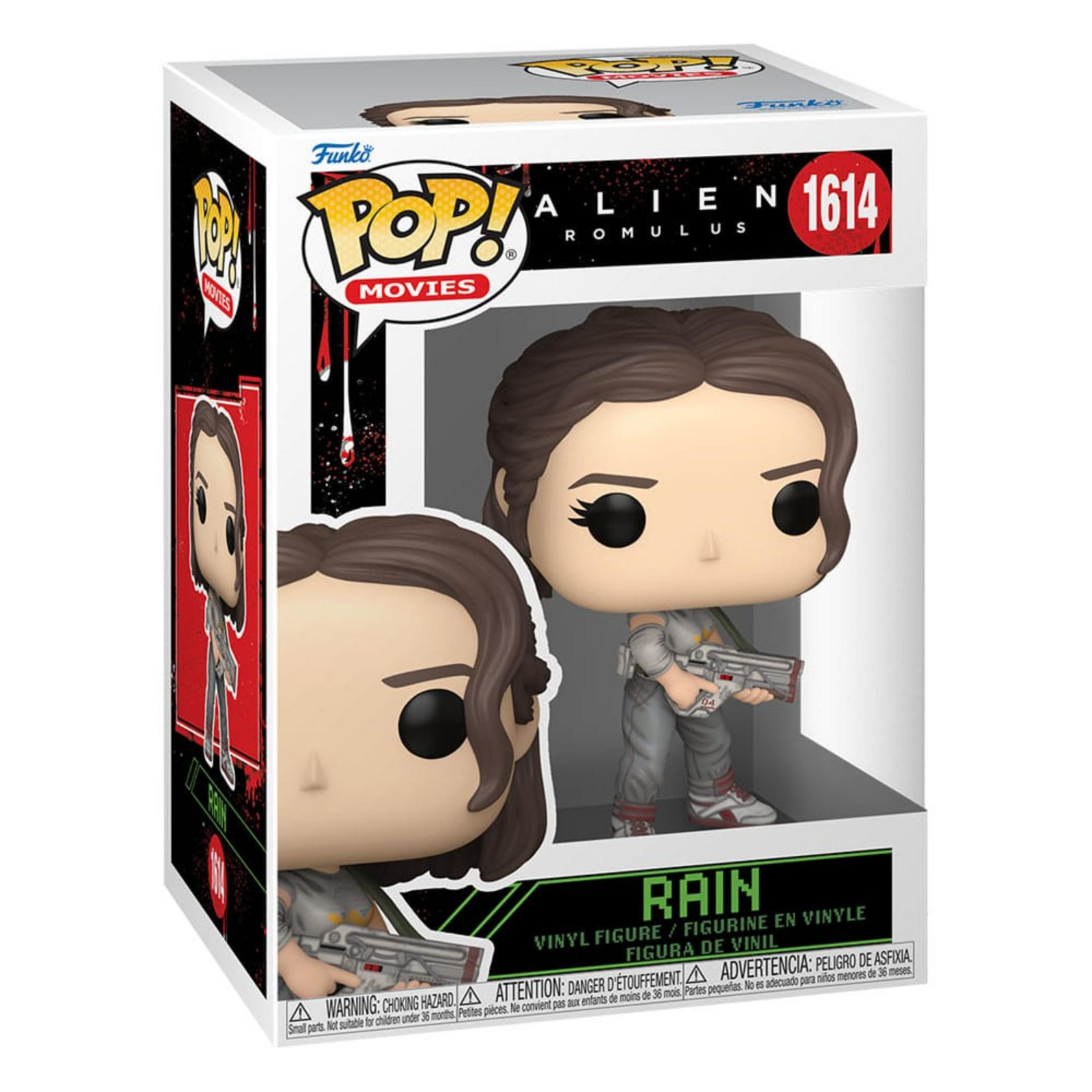 Action figure Funko Pop di Rain da Alien: Romulus nella sua scatola, che tiene un'arma.