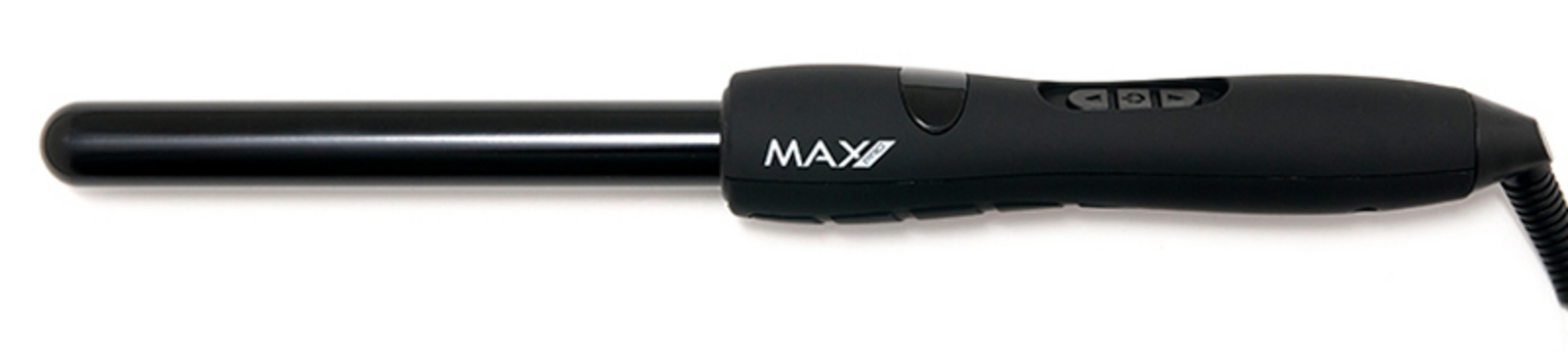 Un fer à friser noir avec le logo "MAX" et des boutons de commande.
