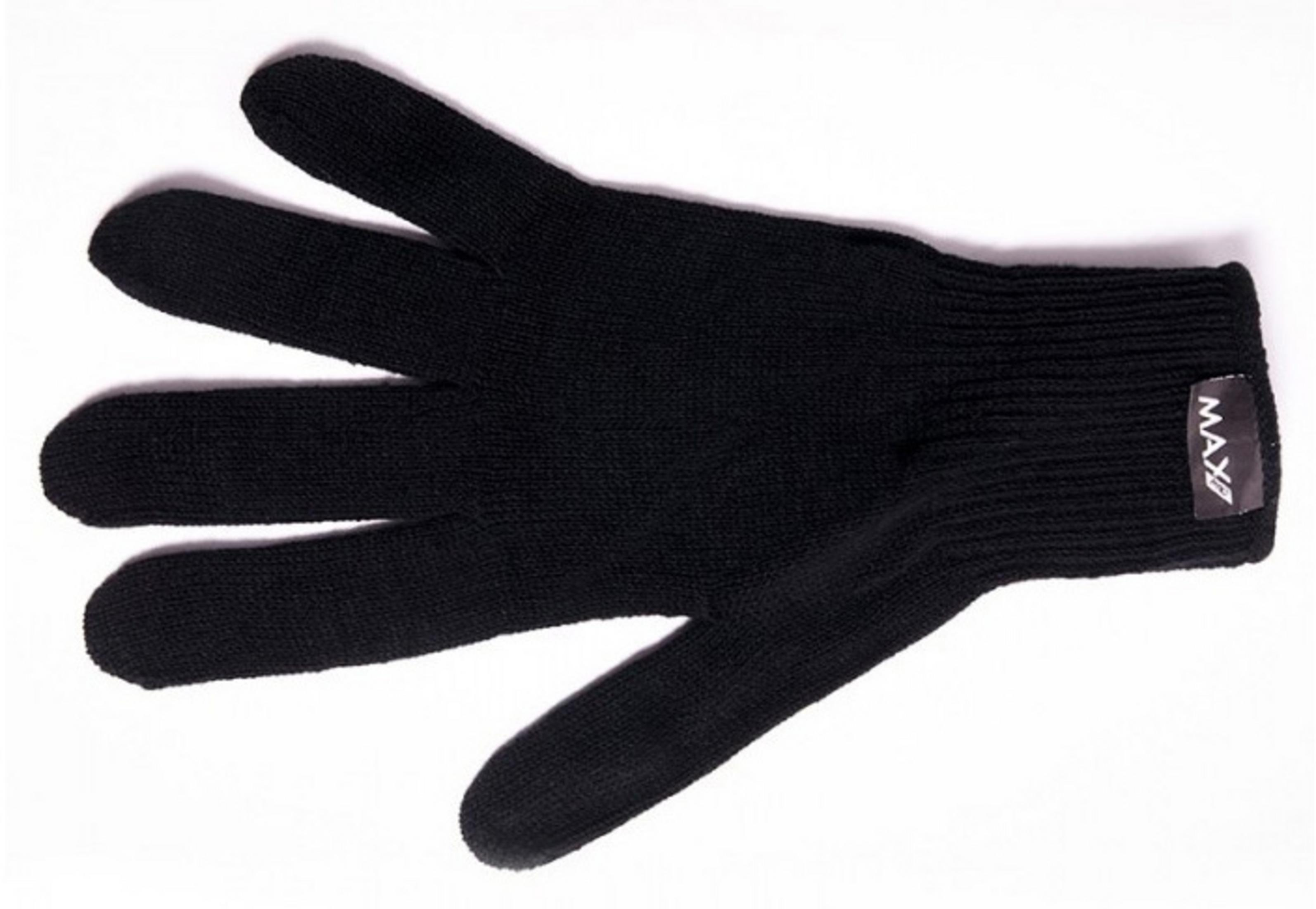 Un gant tricoté noir à cinq doigts sur fond blanc.