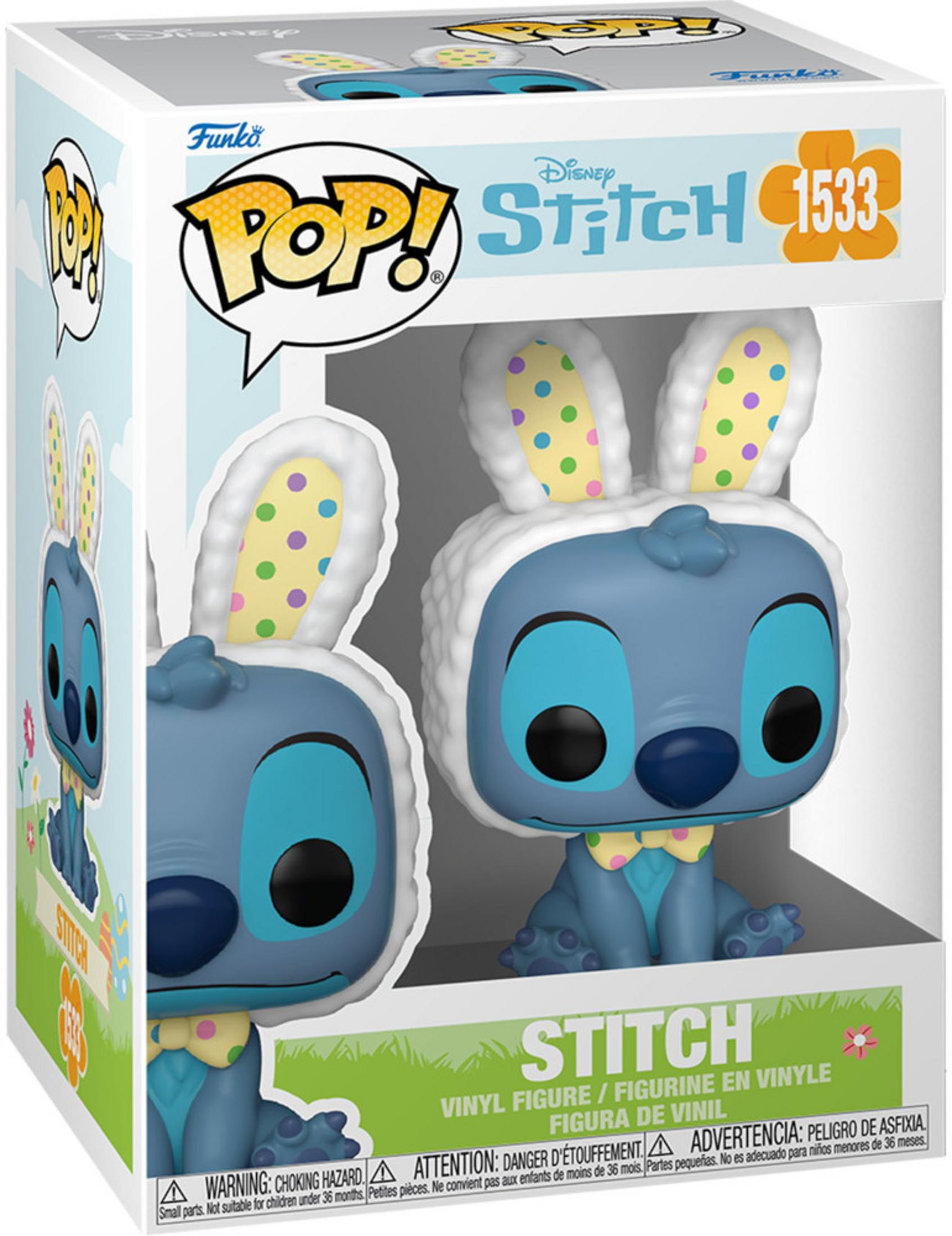 Dos figuras de Stitch con disfraces de conejito en el embalaje. Orejas amarillas con puntos.