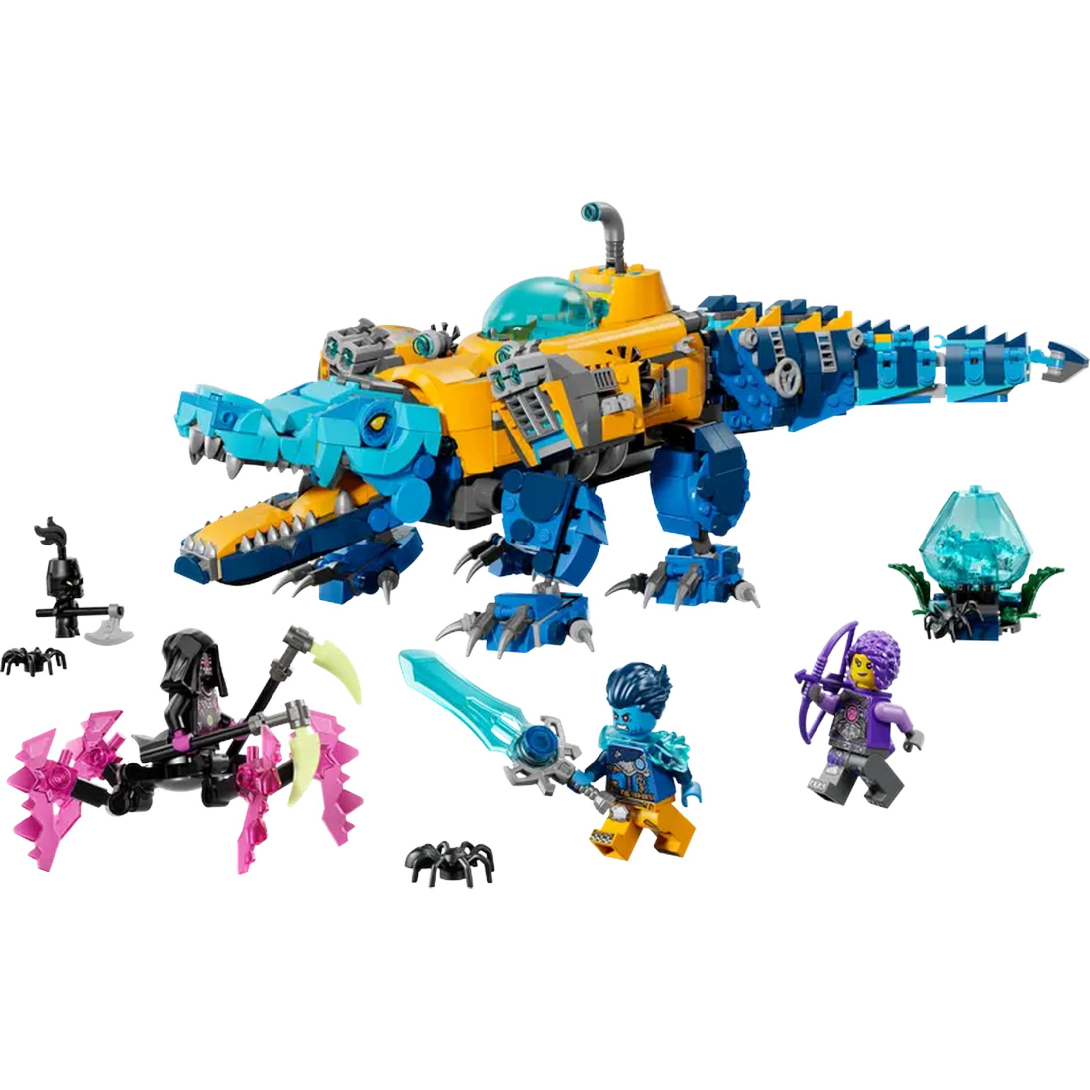 Sarı ve mavi Lego timsah mekanik figürleri ve örümceklerle.