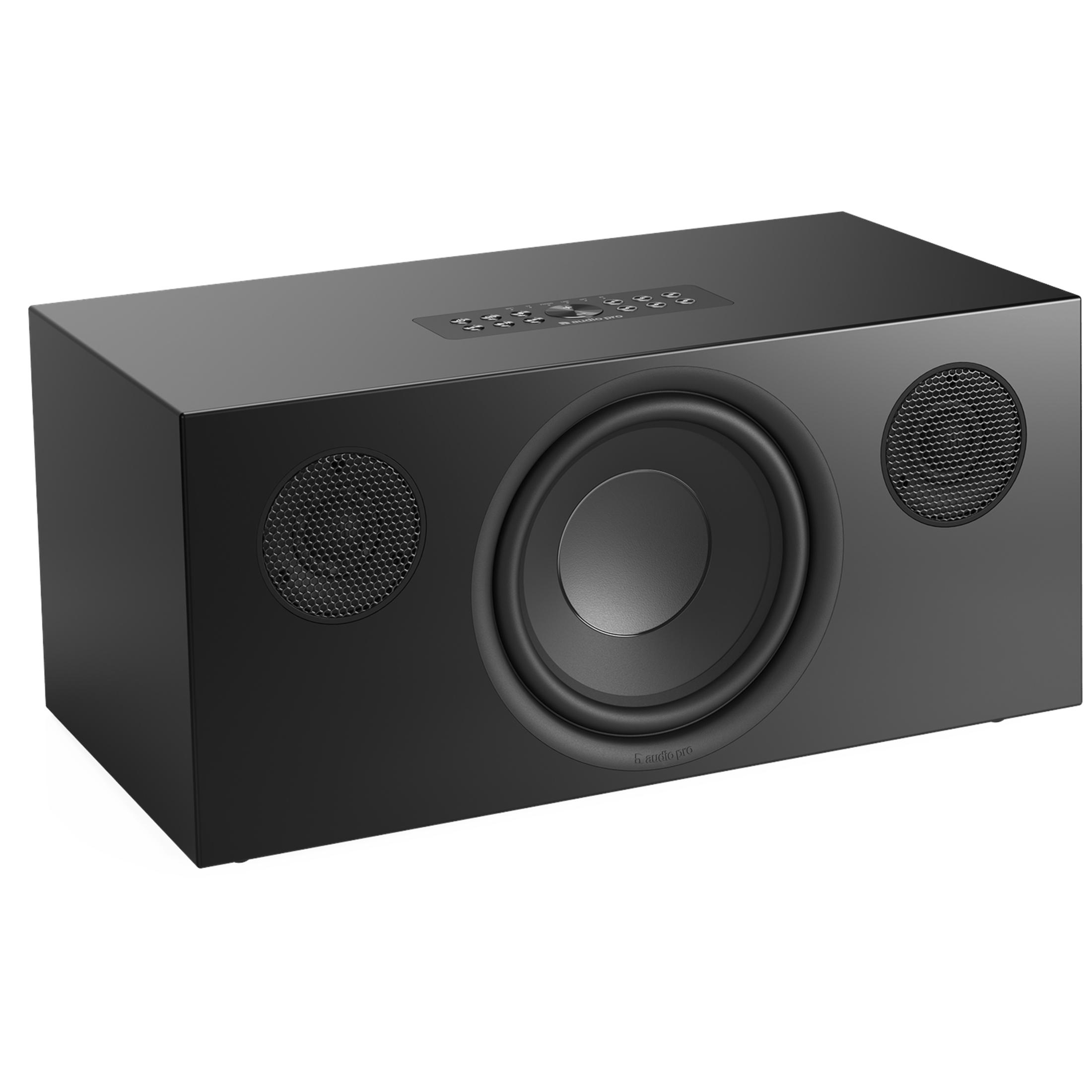 Schwarzer Subwoofer mit einem großen Lautsprecher in der Mitte und zwei kleineren Lautsprechern.