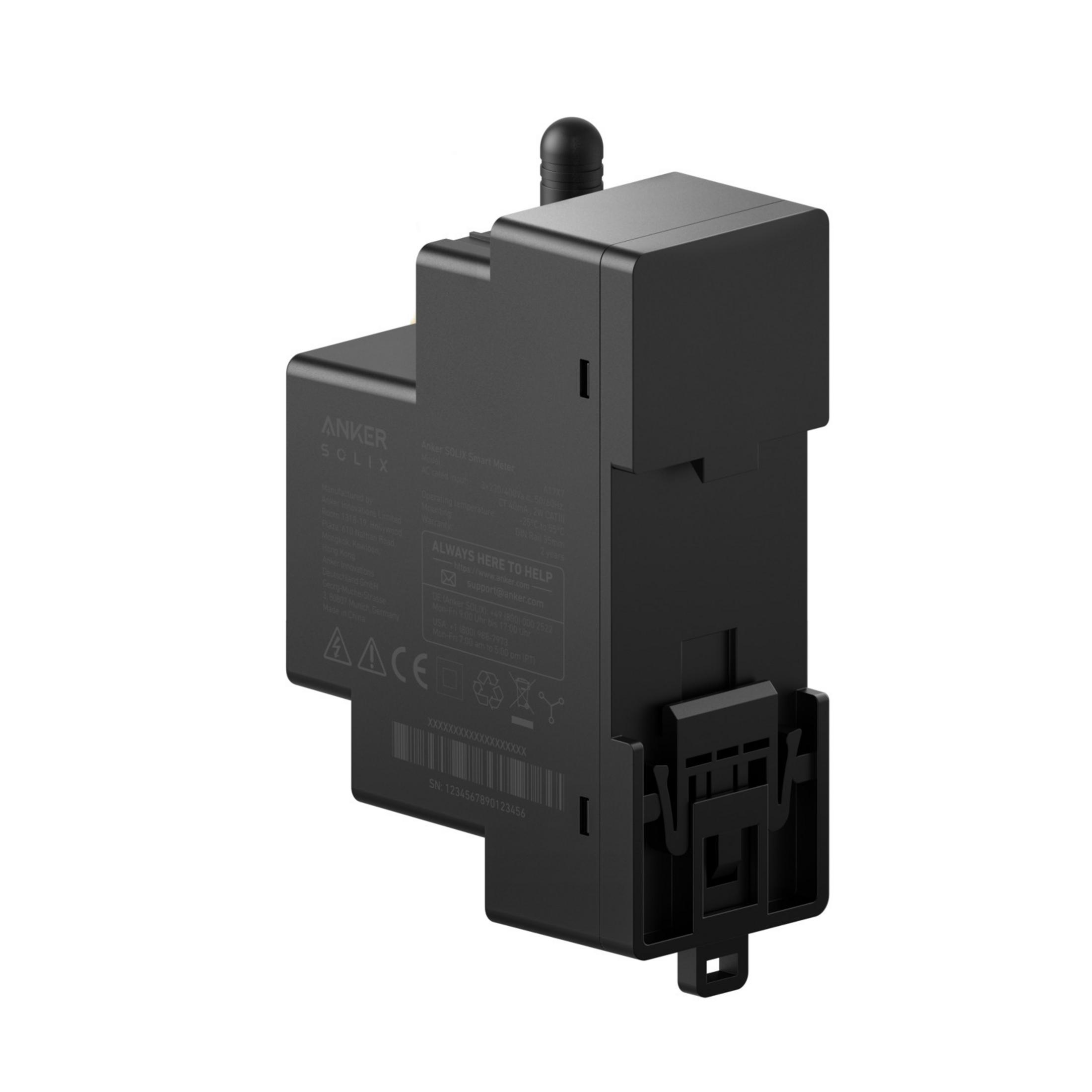 Czarne urządzenie Anker SOLIX Smart Meter z anteną i klipsem montażowym.