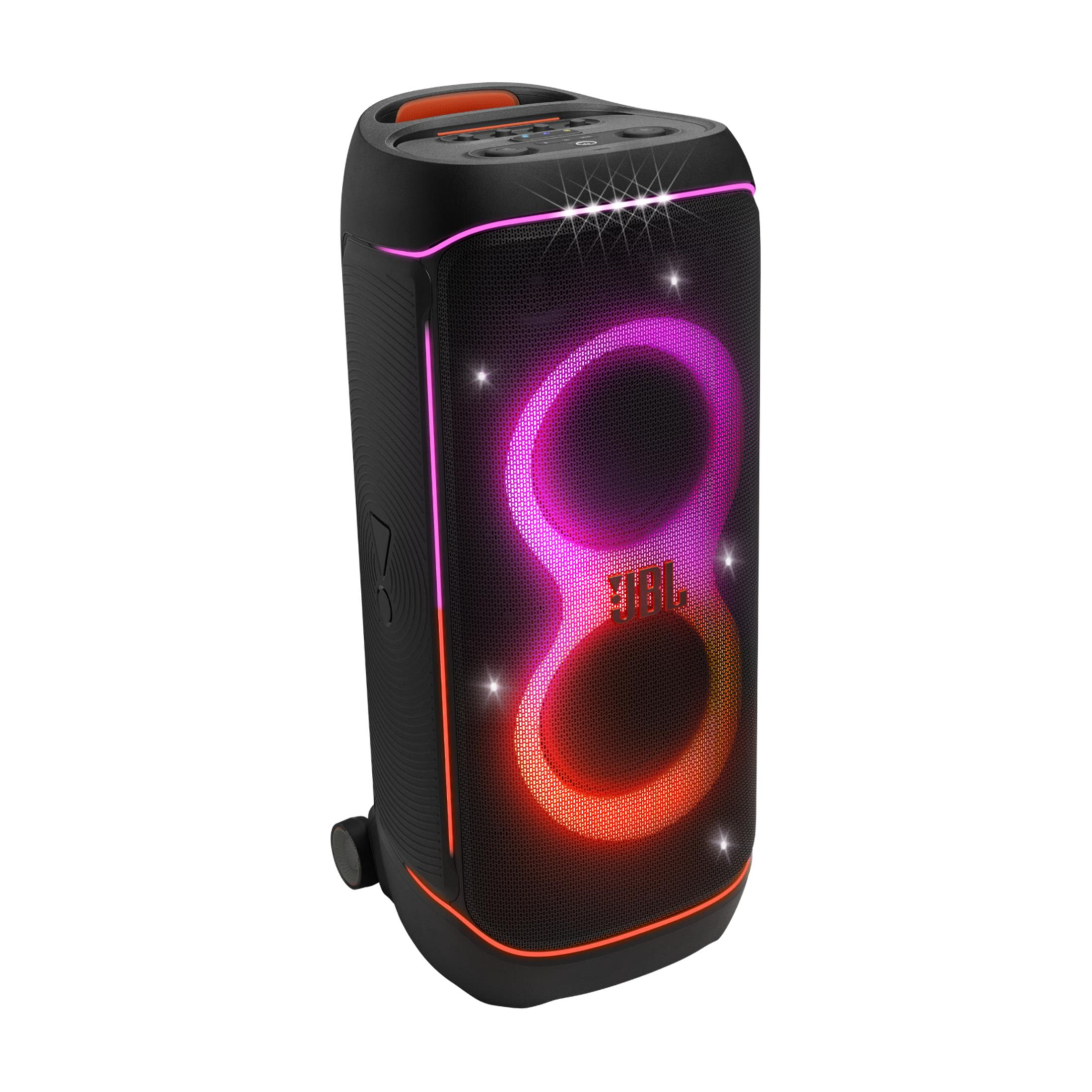Altoparlante JBL nero con manico arancione e luci colorate.