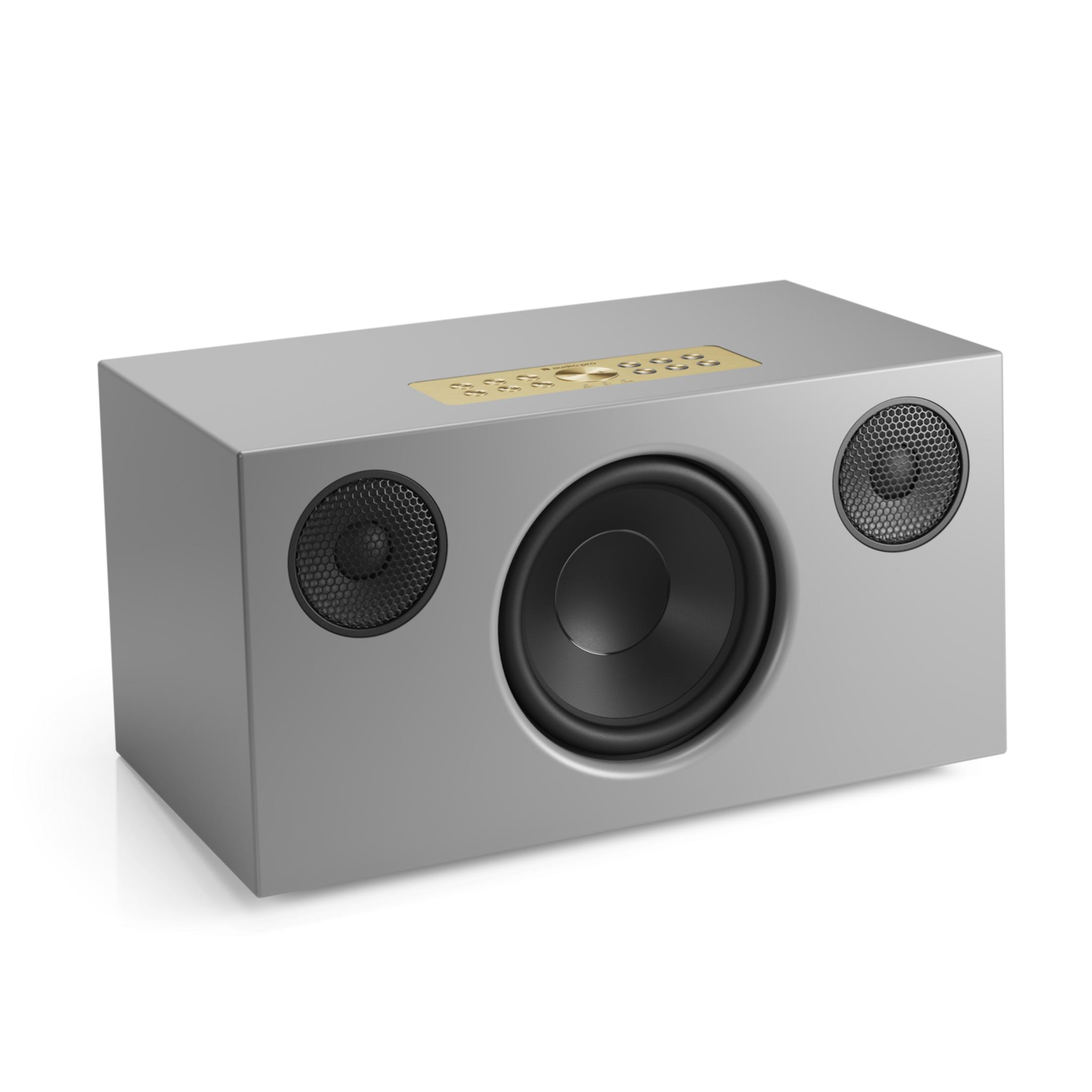 Altoparlante grigio con woofer nero e due piccoli tweeter laterali, su sfondo bianco.