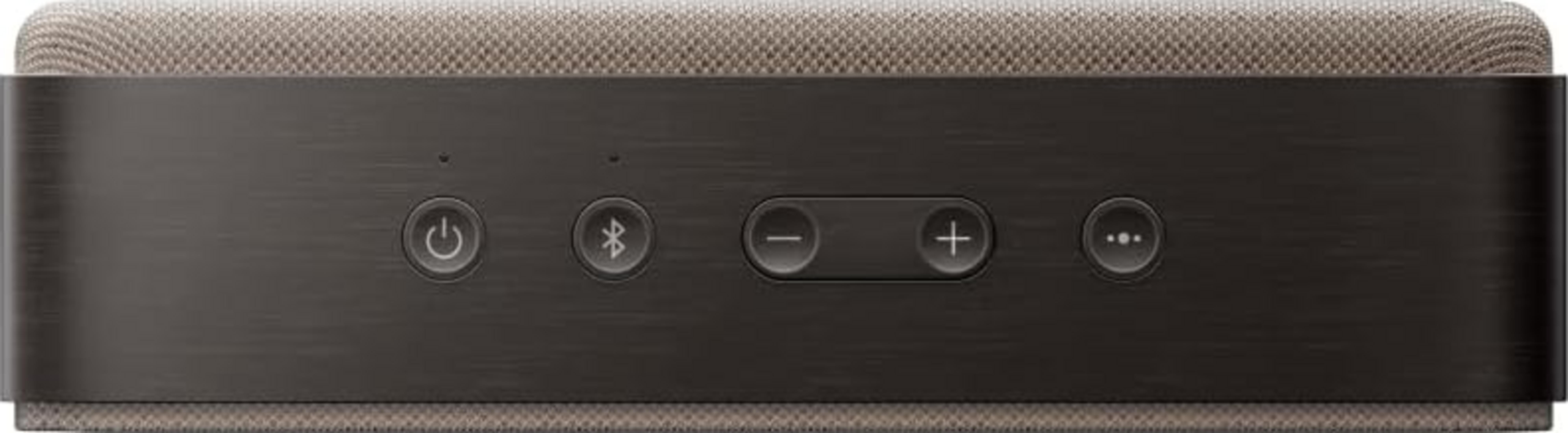 Grauer Lautsprecher mit Power-, Bluetooth-, Lautstärke- und Menü-Tasten.