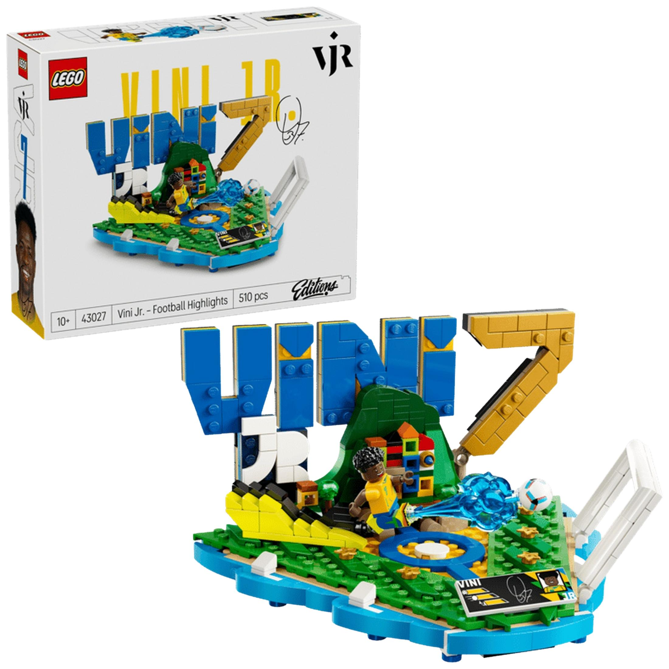 Zestaw LEGO: Vini Jr. "VINI 7" z figurką piłkarza, piłką i podstawką.