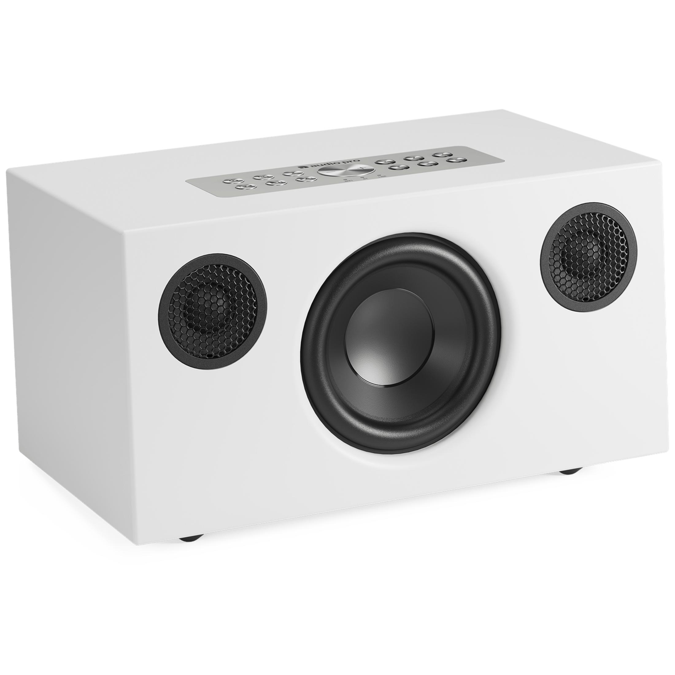 Ein weißer Lautsprecher mit schwarzem Subwoofer und zwei kleinen Lautsprechern.