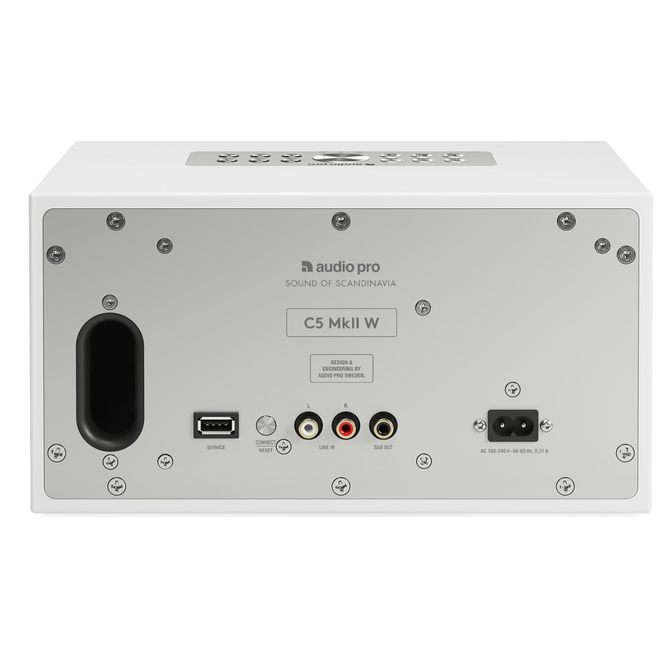 Rückseite eines weißen Lautsprechers mit Anschlüssen: Service, Connect/Reset, Line In, Sub Out und Strom.