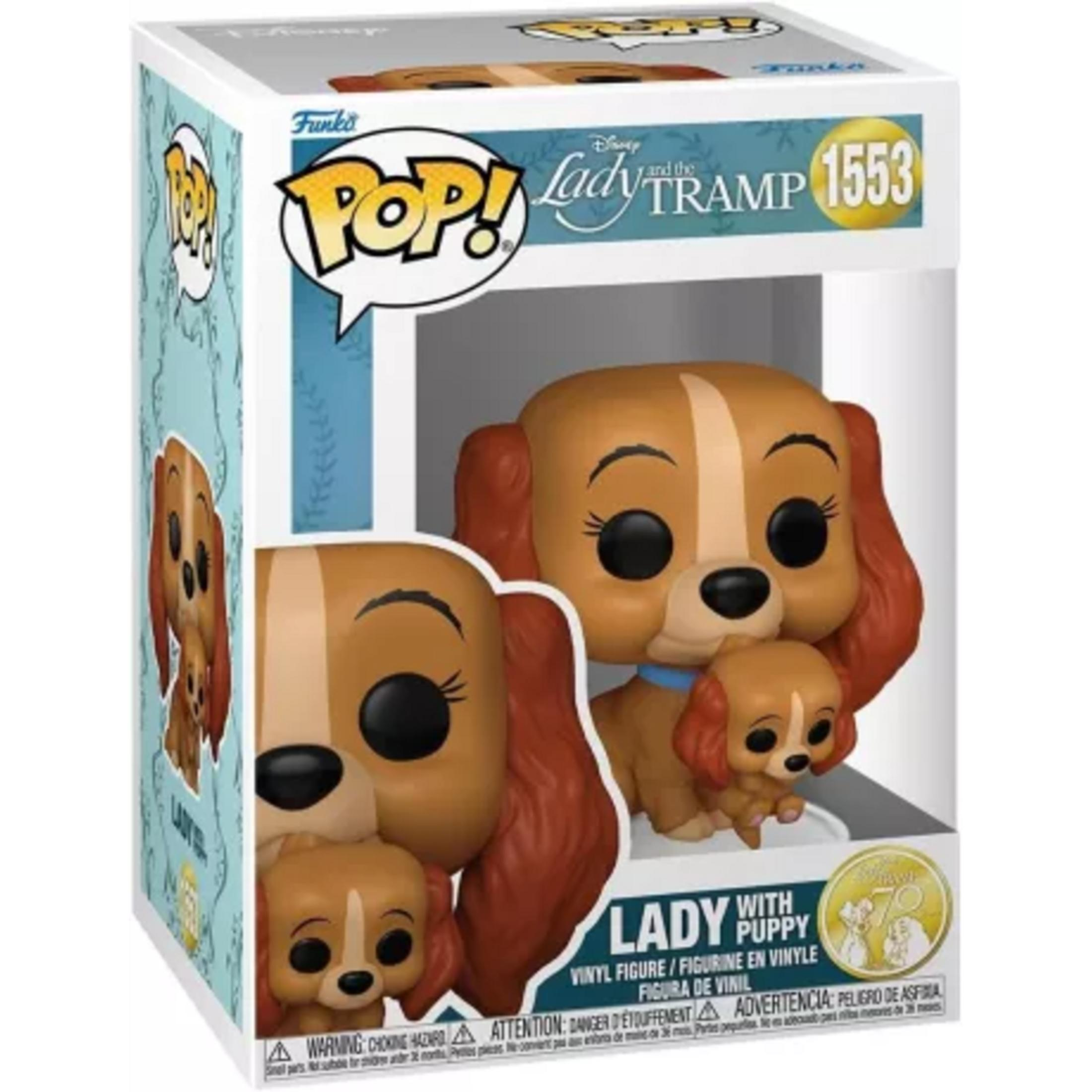 Figura Funko Pop de vinilo de La Dama y el Vagabundo con cachorro en la caja.