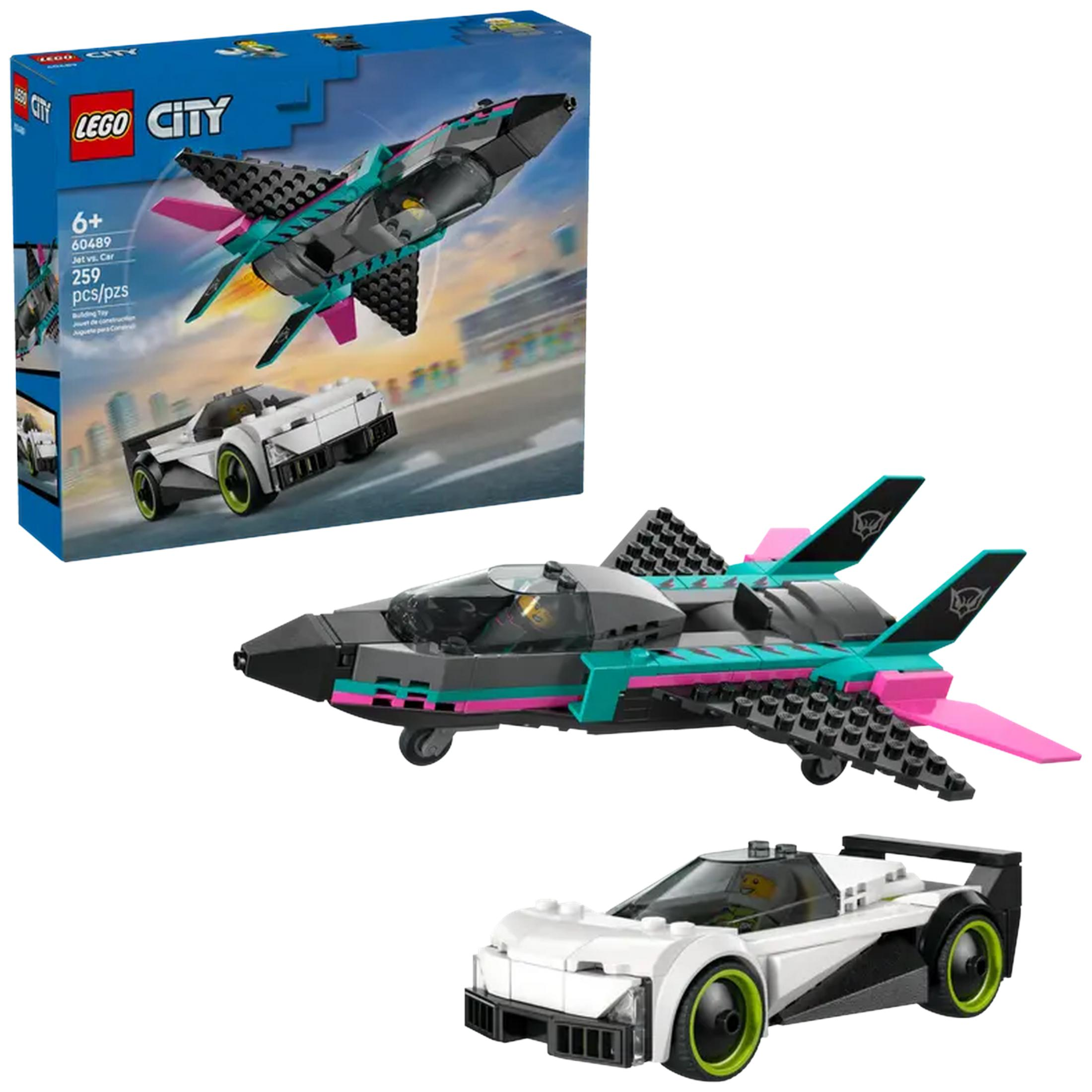 Pudełko LEGO City przedstawia czarny myśliwiec z turkusowymi i różowymi akcentami oraz biały samochód wyścigowy.
