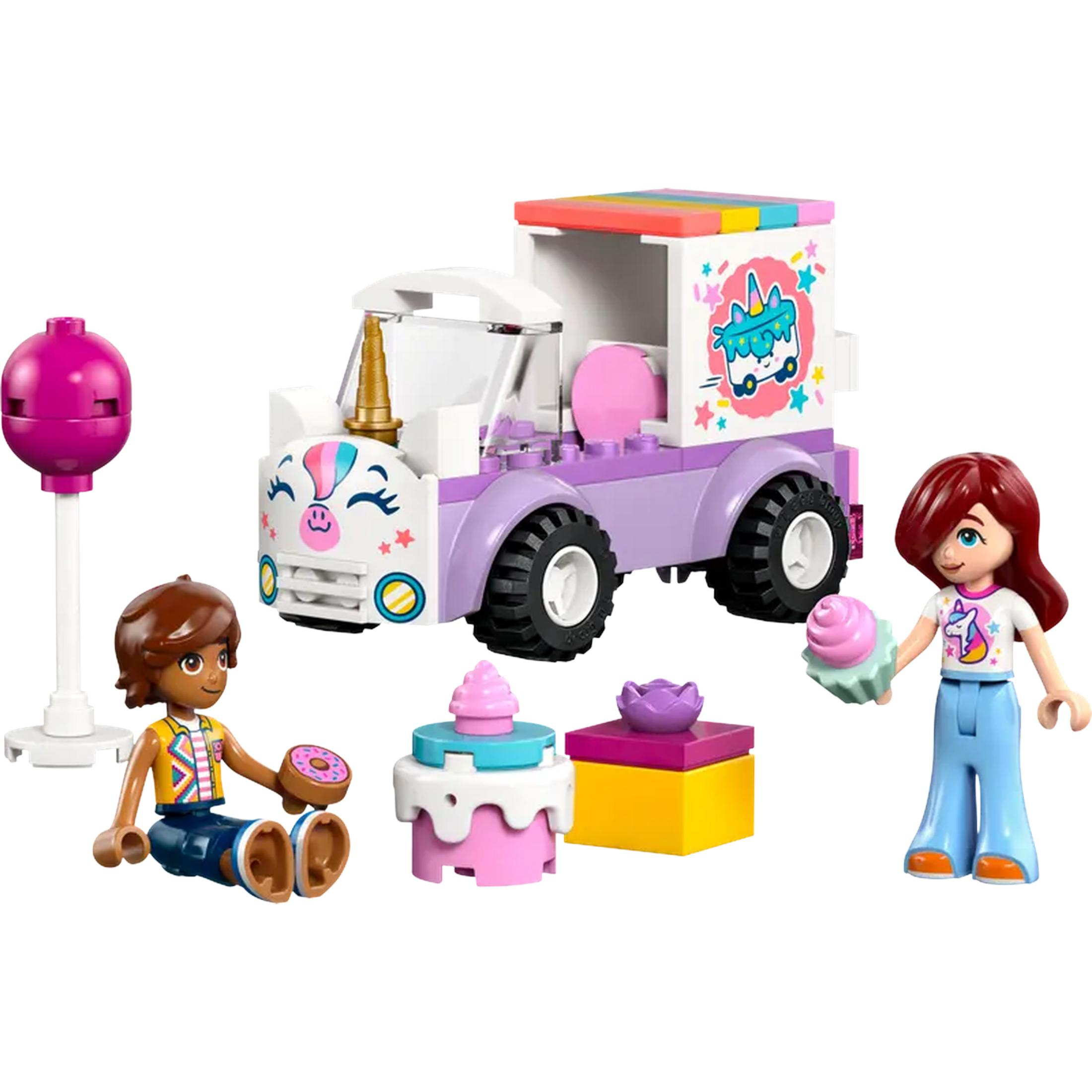 Ein Einhorn-Eiswagen mit zwei Minifiguren, Kuchen und einem Lolli.