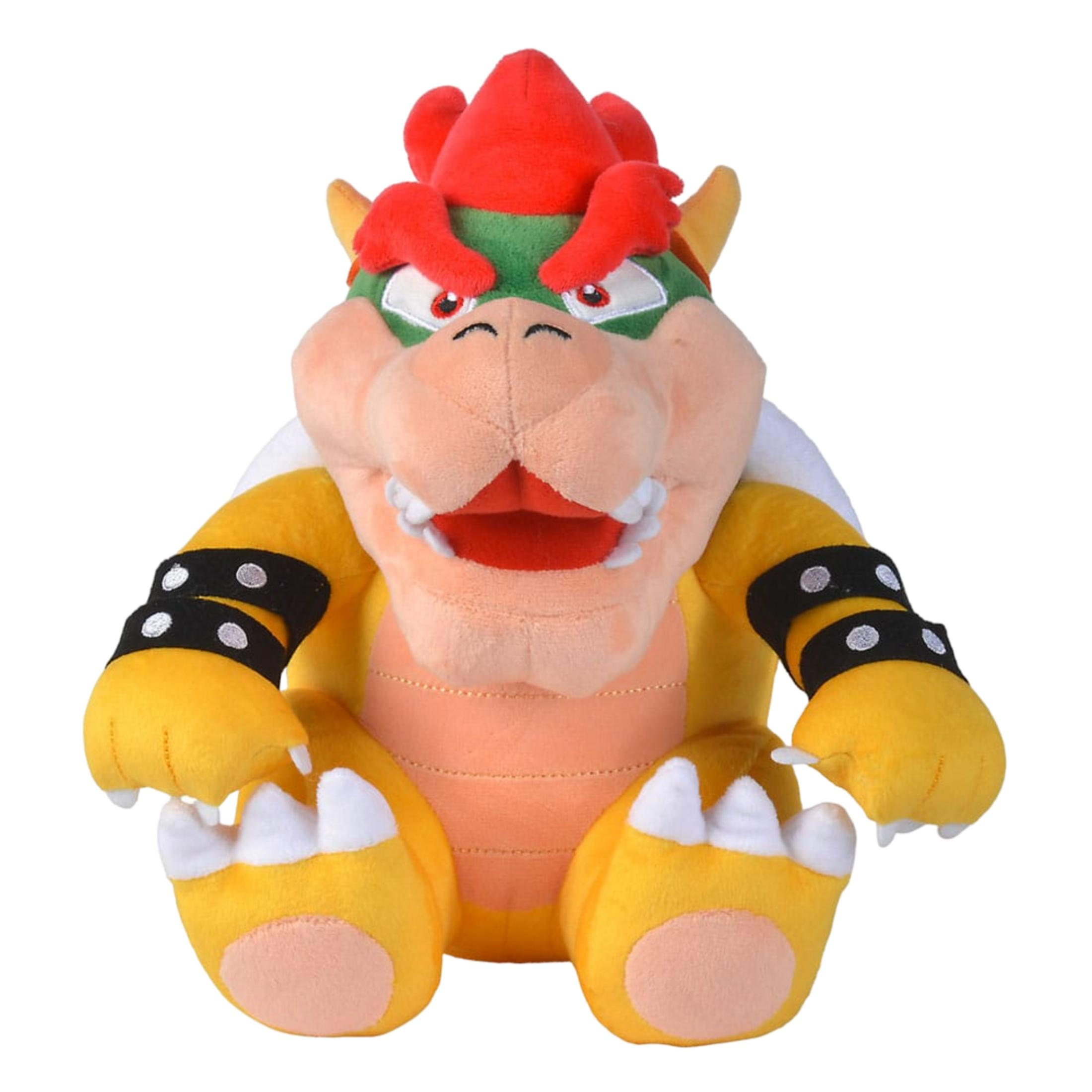 Plüschfigur von Bowser mit rotem Irokesenschnitt, grünen Augen und gelbem Körper.