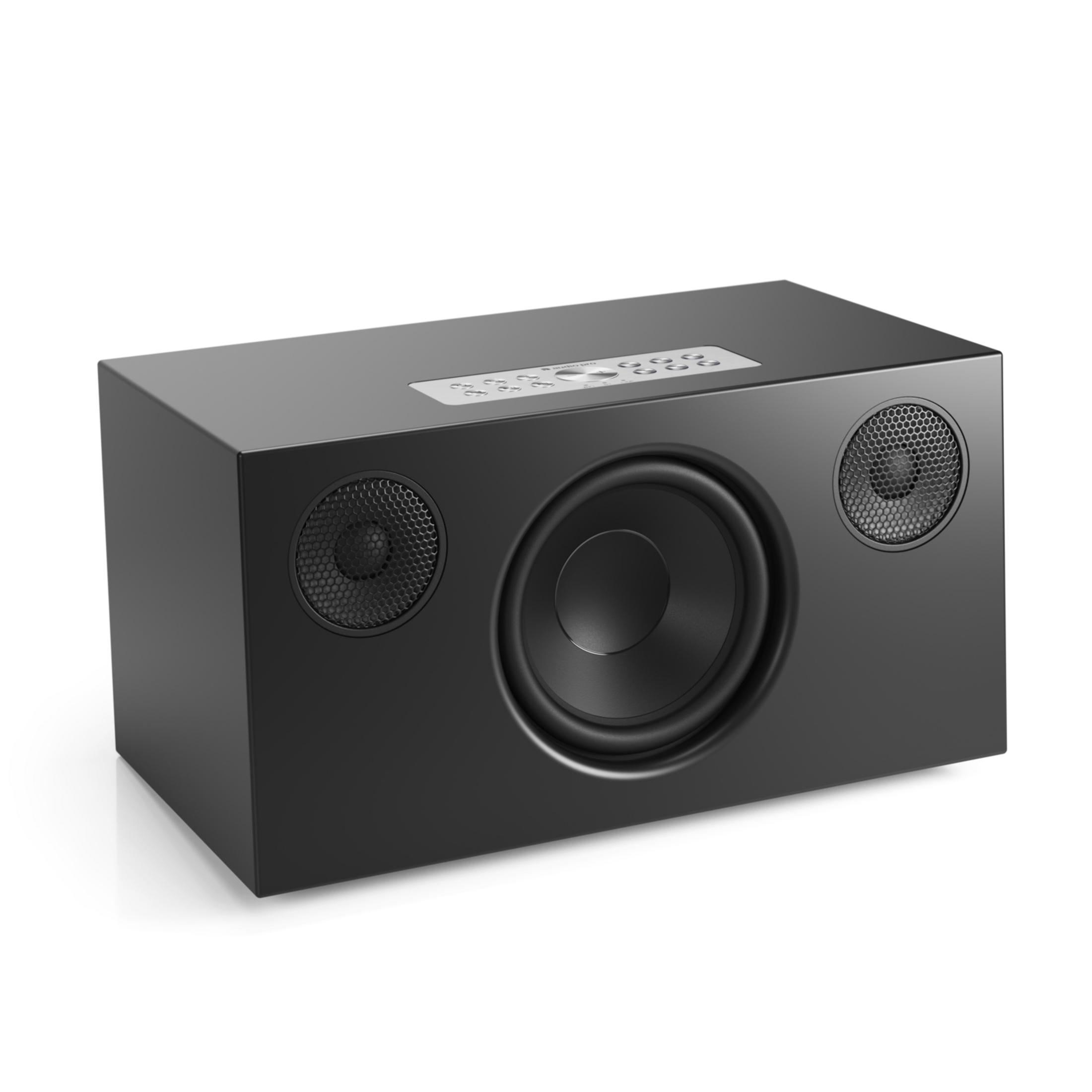Altoparlante nero con woofer centrale e due tweeter più piccoli.