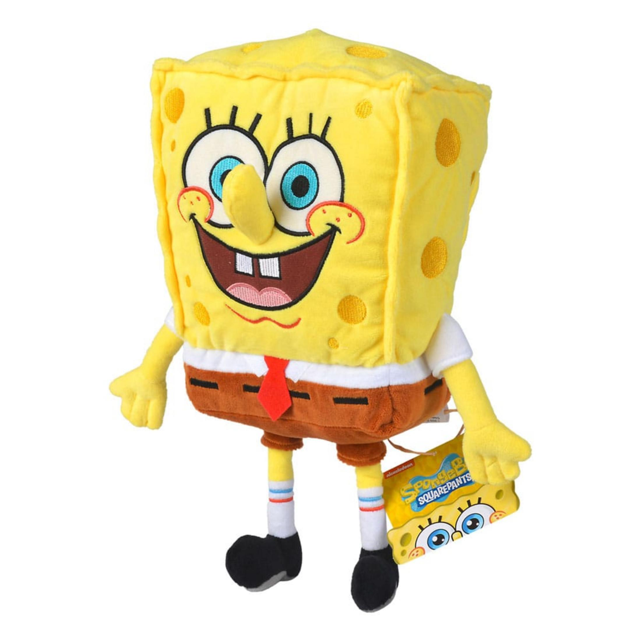 Un peluche giallo di Spongebob Squarepants con pantaloni marroni e cravatta rossa.