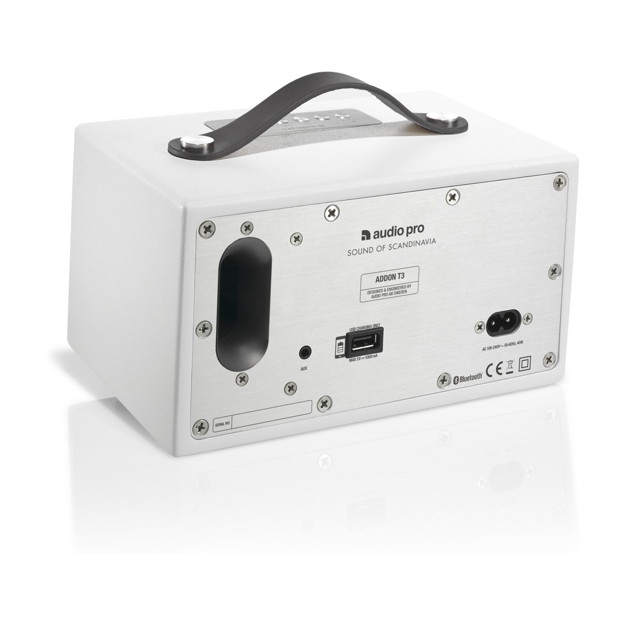 Witte Audio Pro luidspreker met leren handvat. Poorten: USB, AUX, AC-voeding.