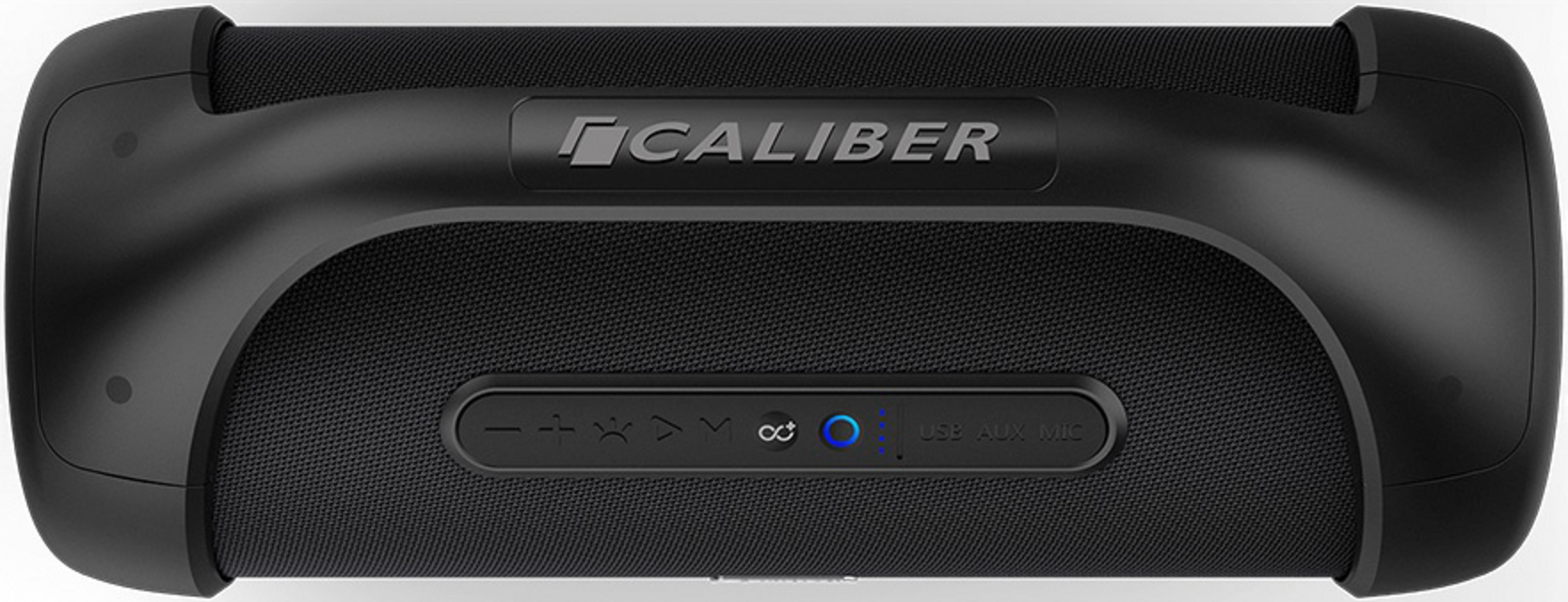 Schwarzer tragbarer Lautsprecher mit Caliber-Logo und Bedientasten.