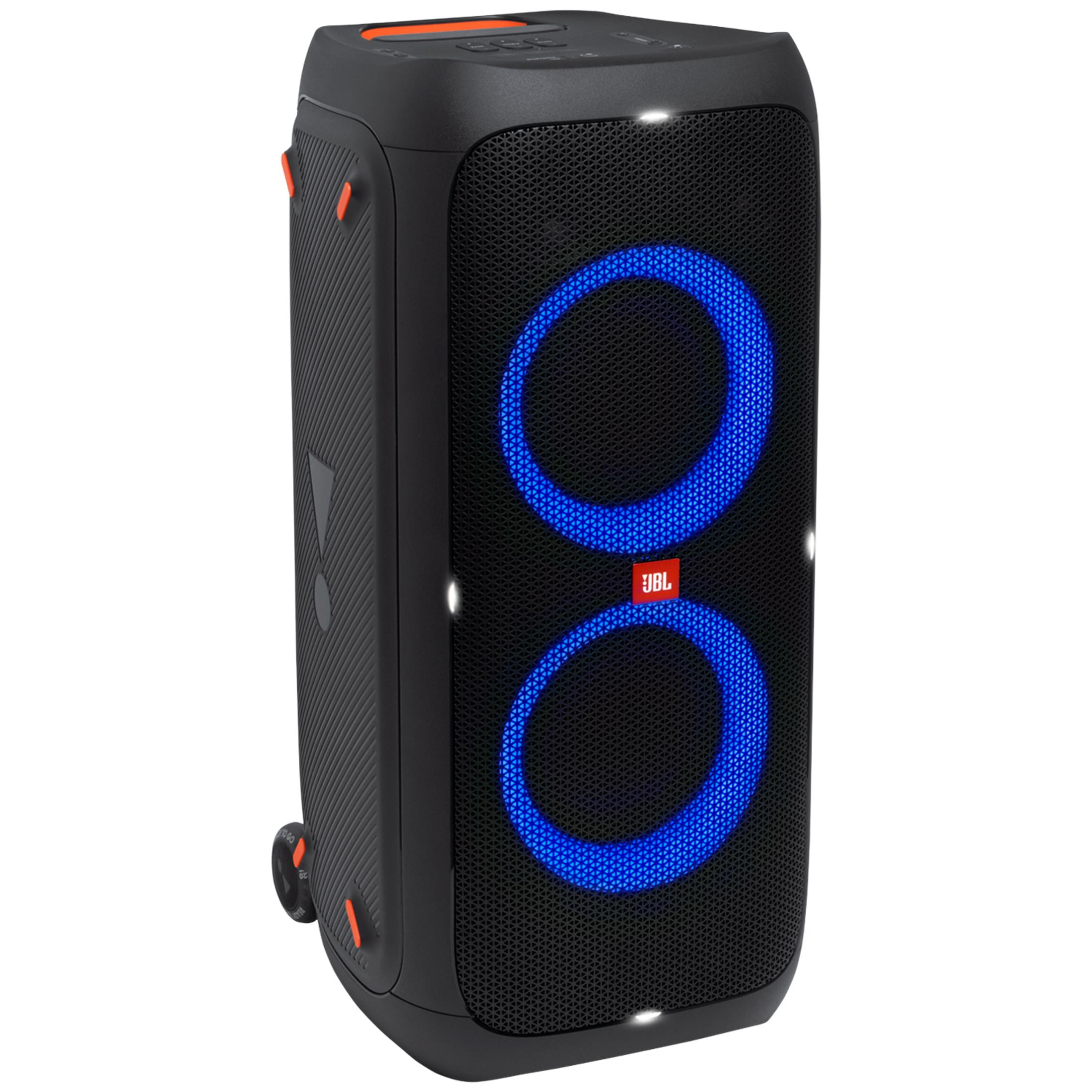 Altavoz JBL negro con anillos de luz azul y botones de control.