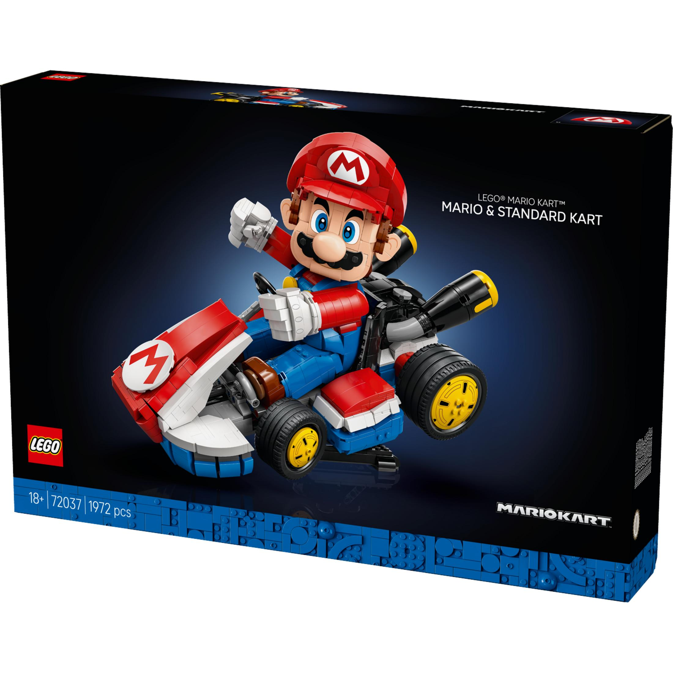 Scatola LEGO con Mario in un kart rosso, blu e bianco con ruote gialle.