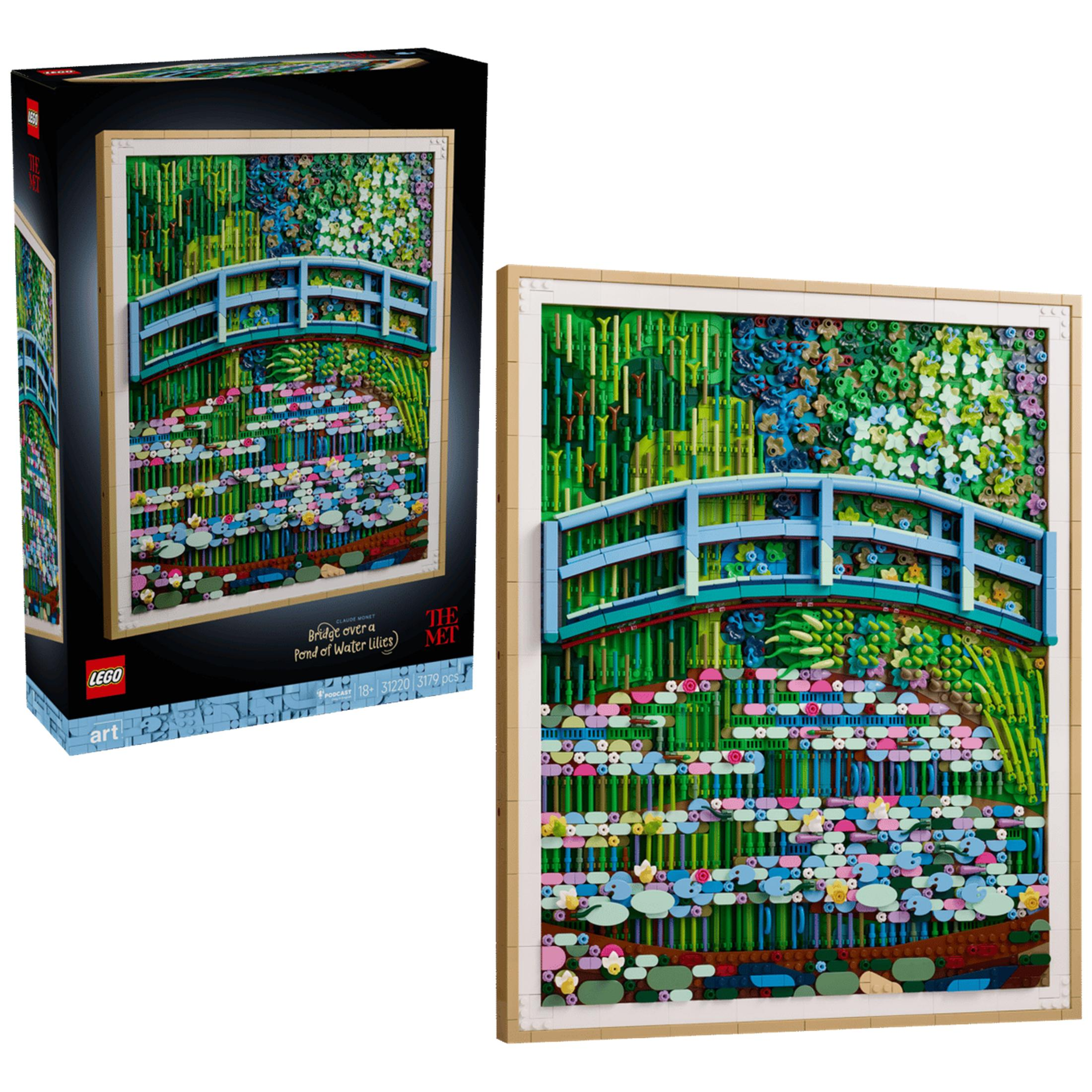 Un modelo LEGO del puente de Claude Monet sobre un estanque de nenúfares, con un puente azul.
