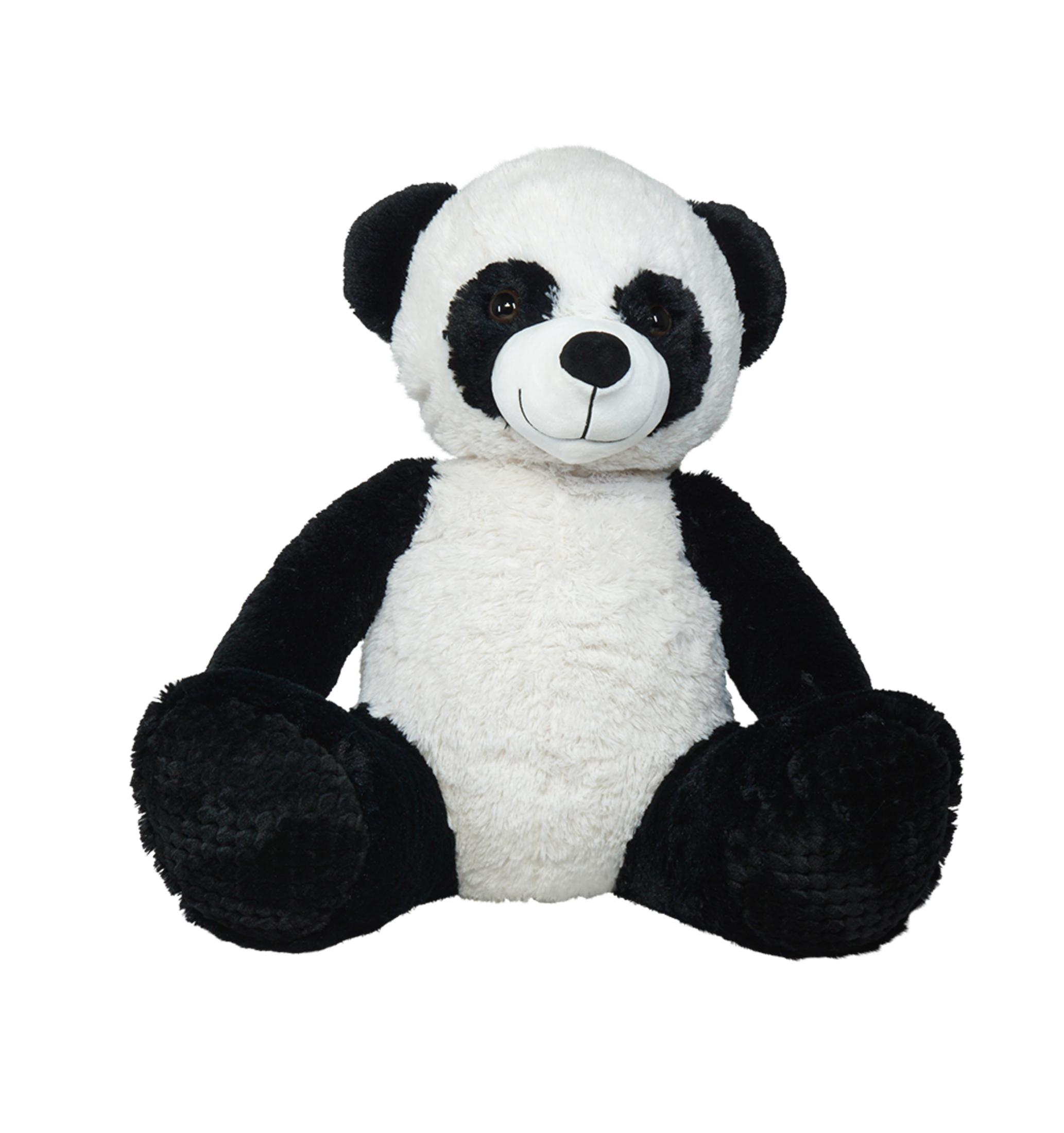 Ein sitzendes Plüsch-Panda-Spielzeug mit schwarzem und weißem Fell.