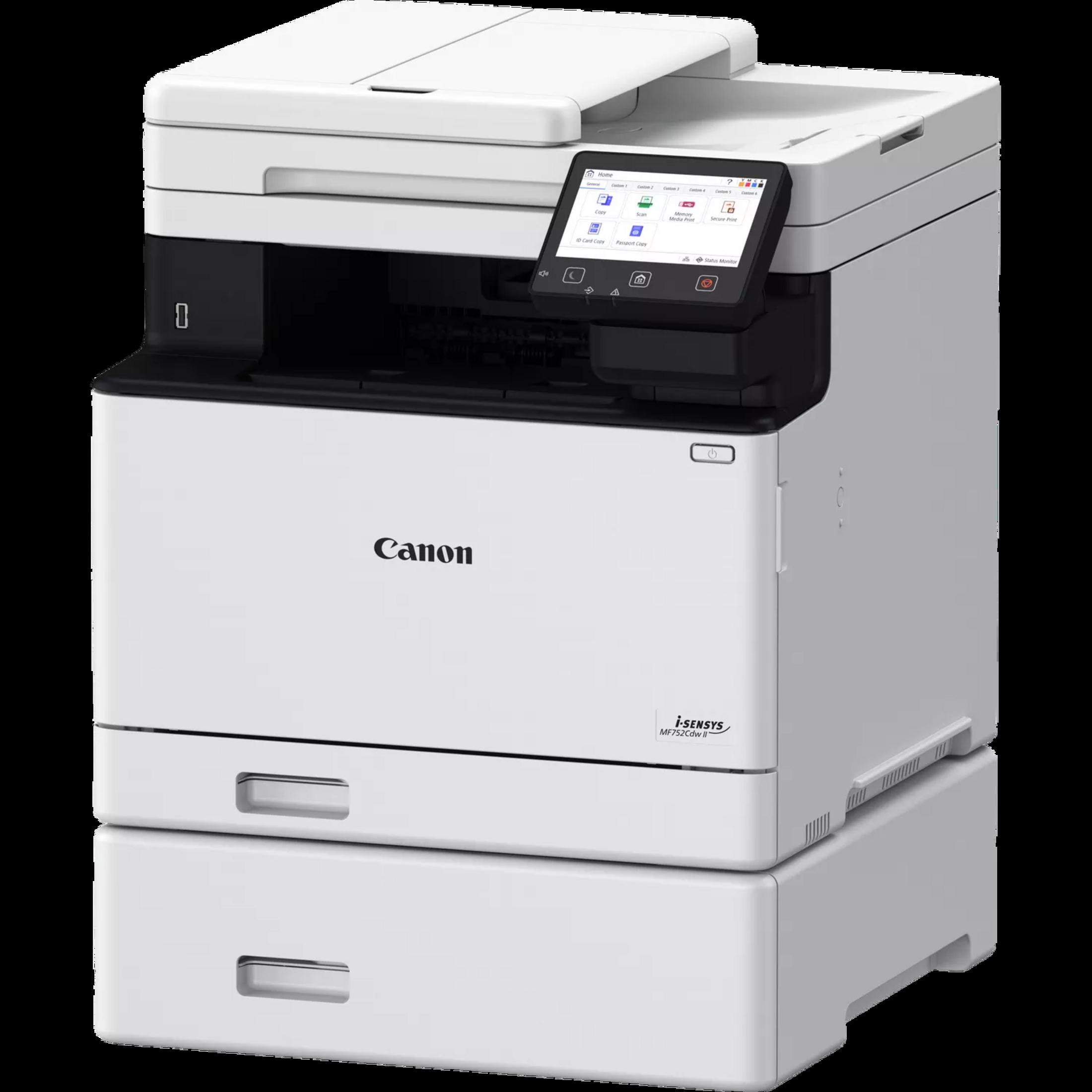 Biała drukarka Canon i-SENSYS MF752Cdw II z ekranem dotykowym i tacami papieru.