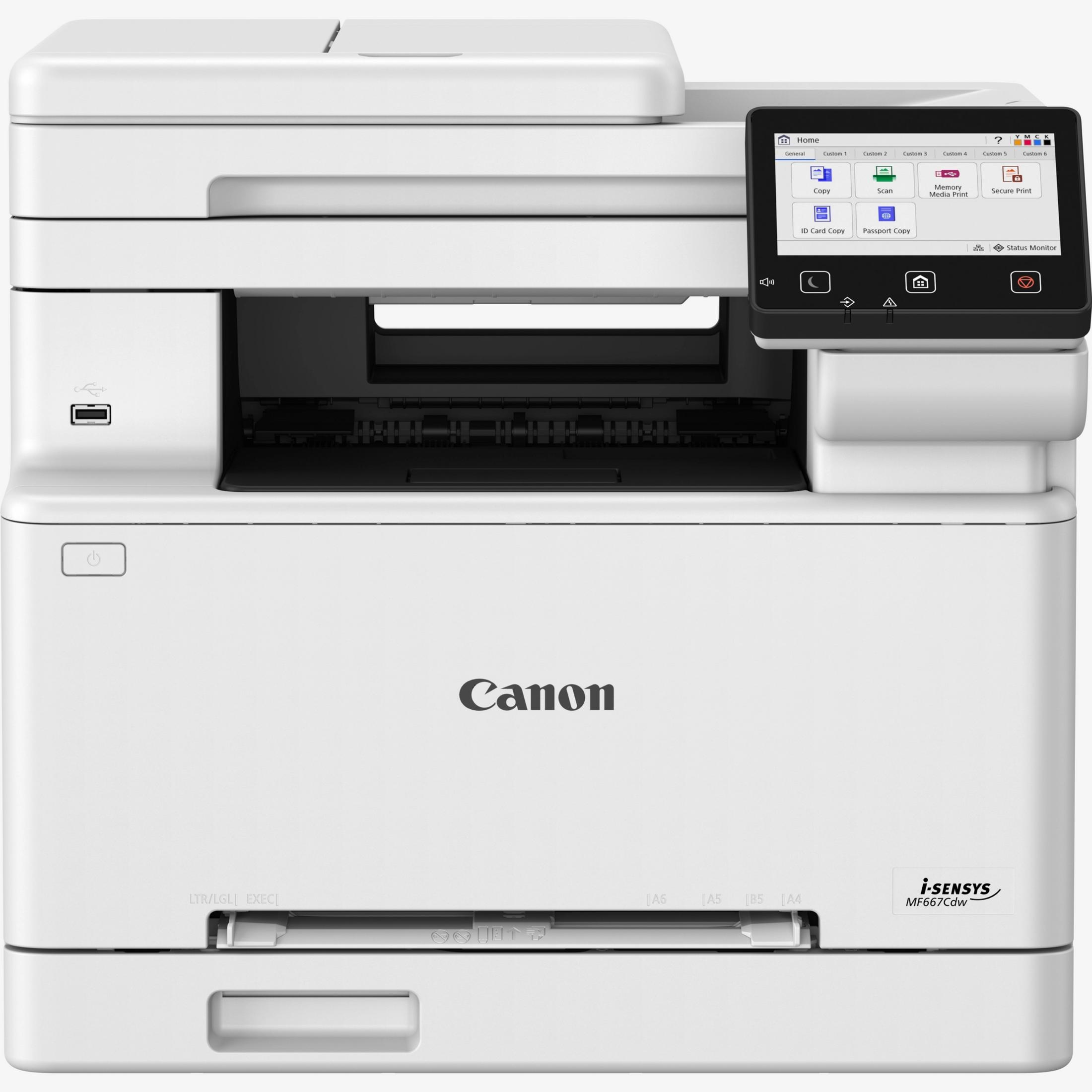 Une imprimante Canon i-SENSYS MF667Cdw blanche avec écran tactile affichant des options de menu.